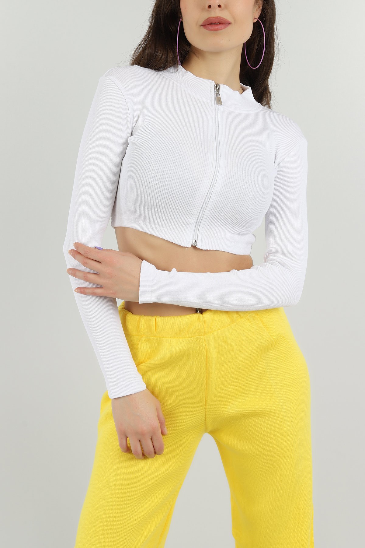 Beyaz Fermuarlı Fitilli Crop Bluz 149682