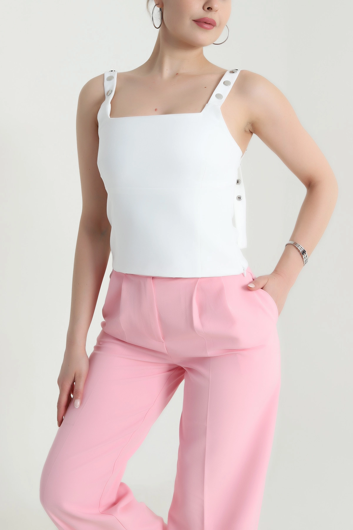 Beyaz Fermuarlı Kadın Crop Bluz 474432