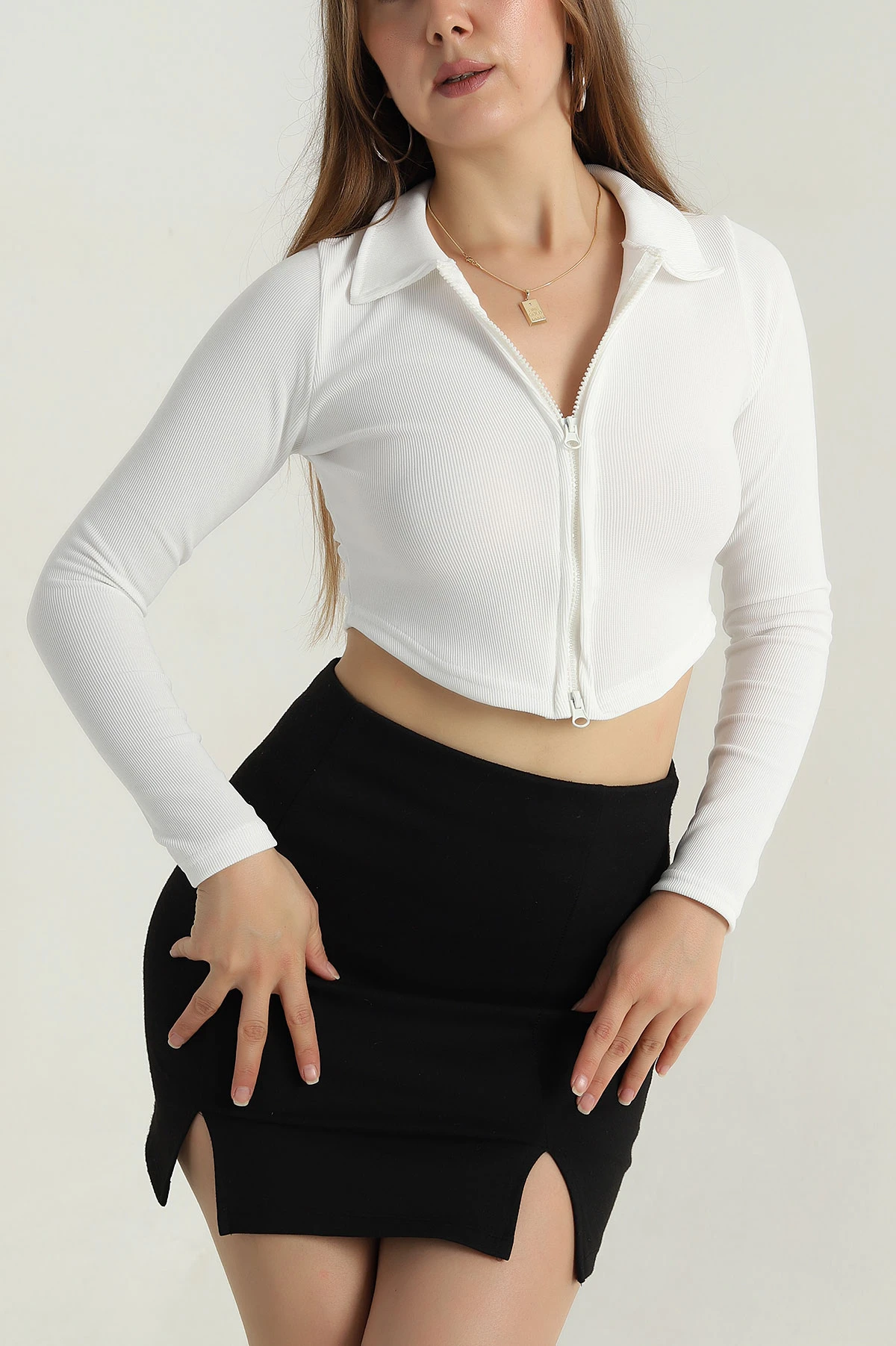 Beyaz Fermuarlı Ottoman Kadın Bluz 406099