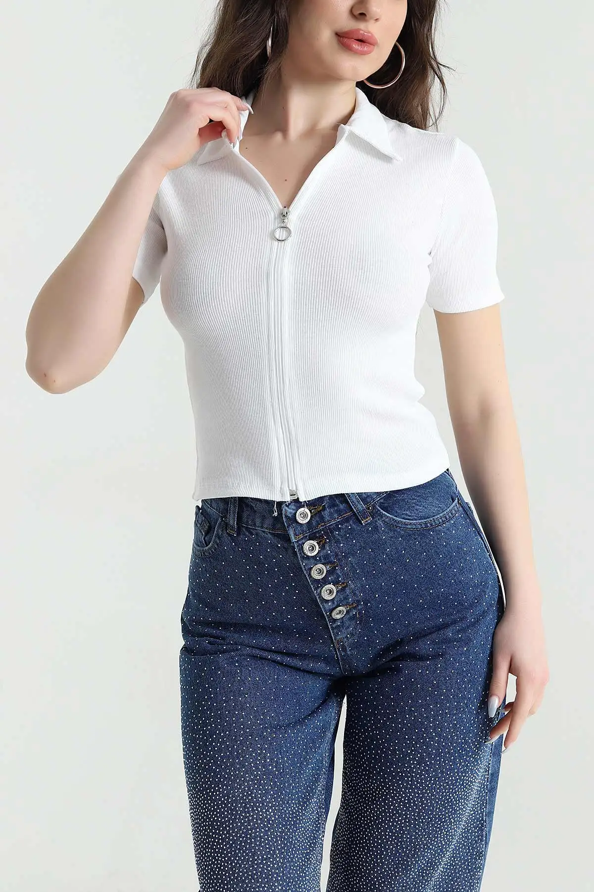 Beyaz Fermuarlı Ottoman Kadın Bluz 450063