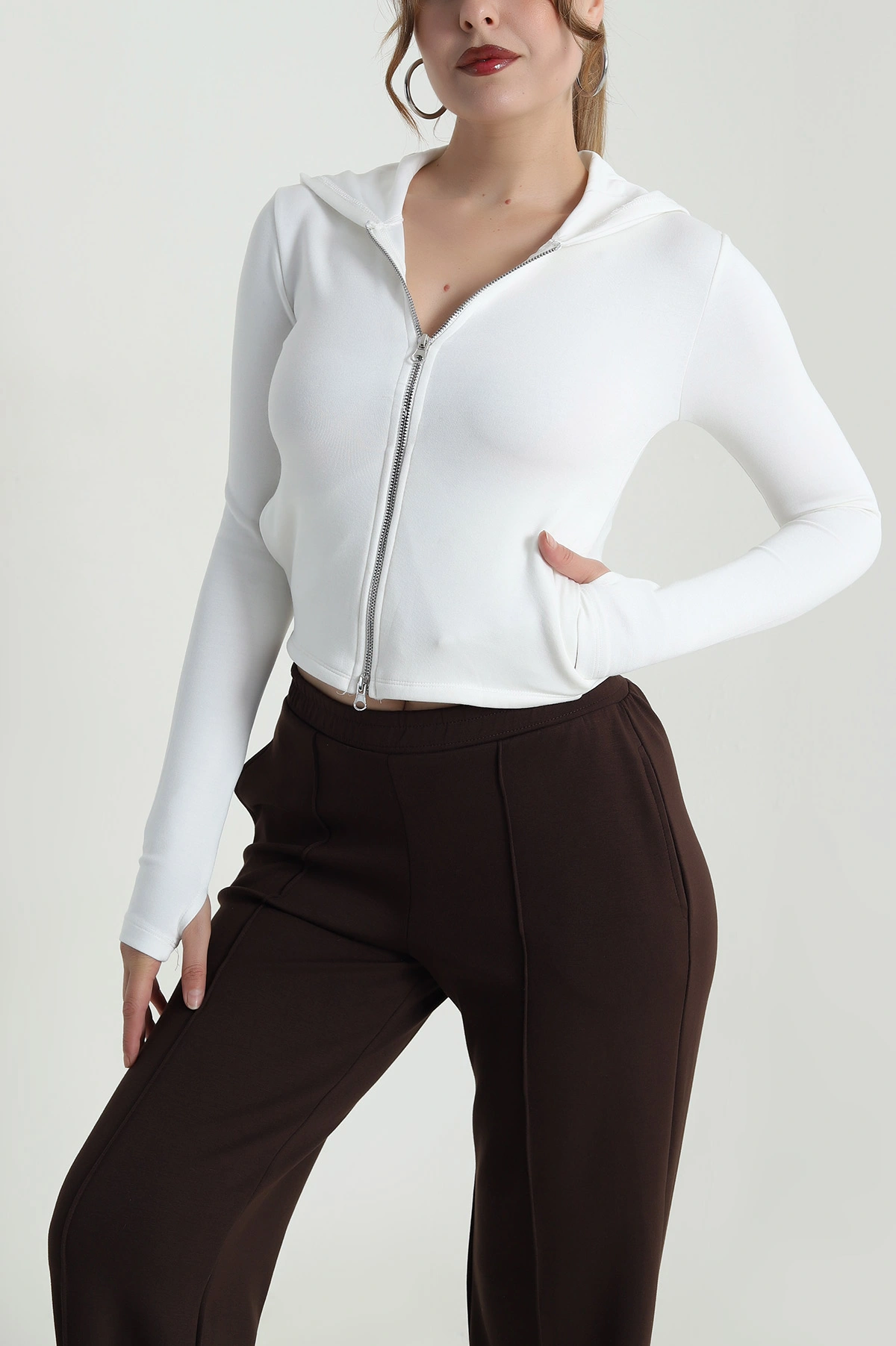 Beyaz Fermuarlı Oysho Kadın Sweat 483623