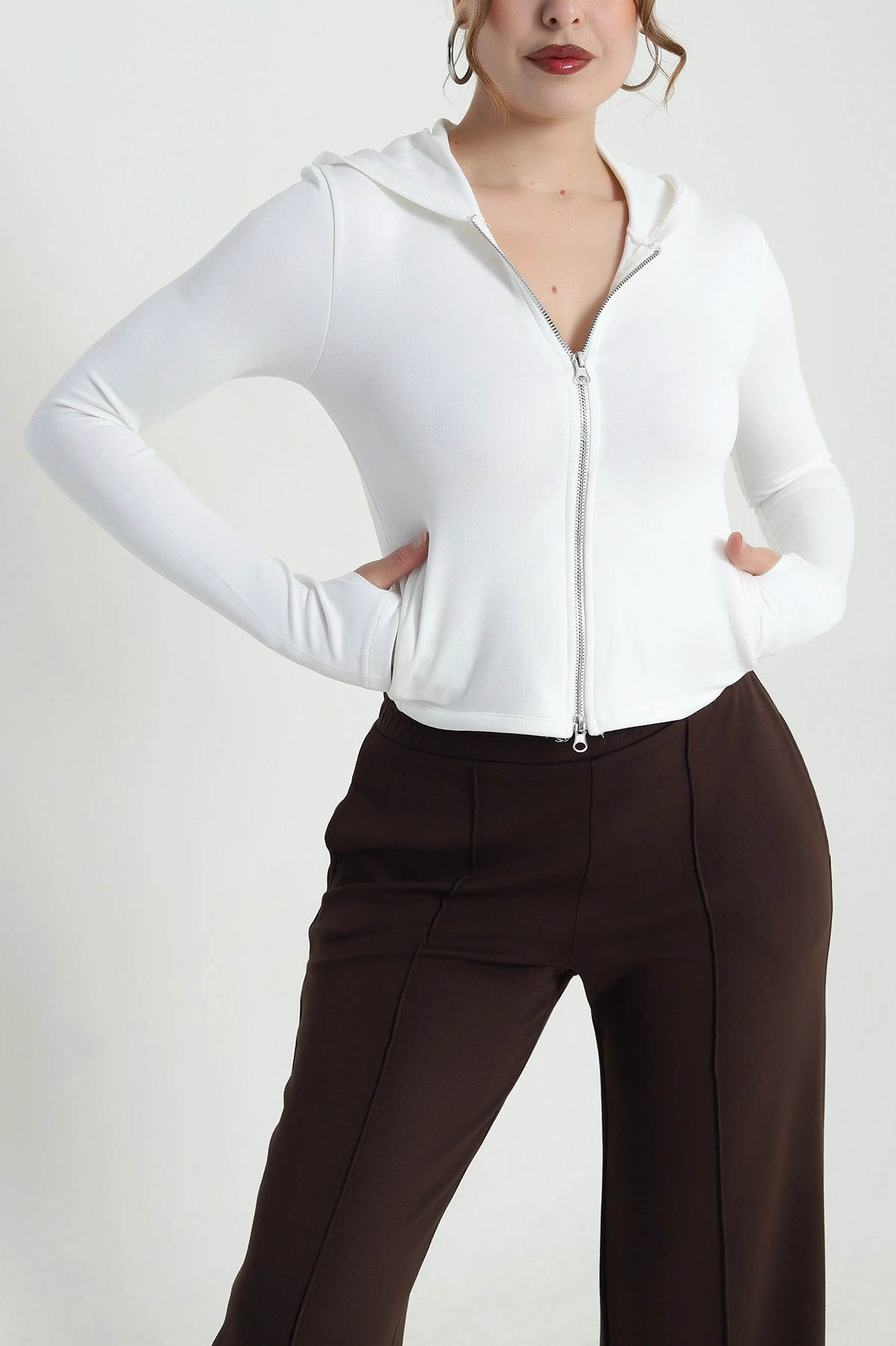 Beyaz Fermuarlı Oysho Kadın Sweat 483623