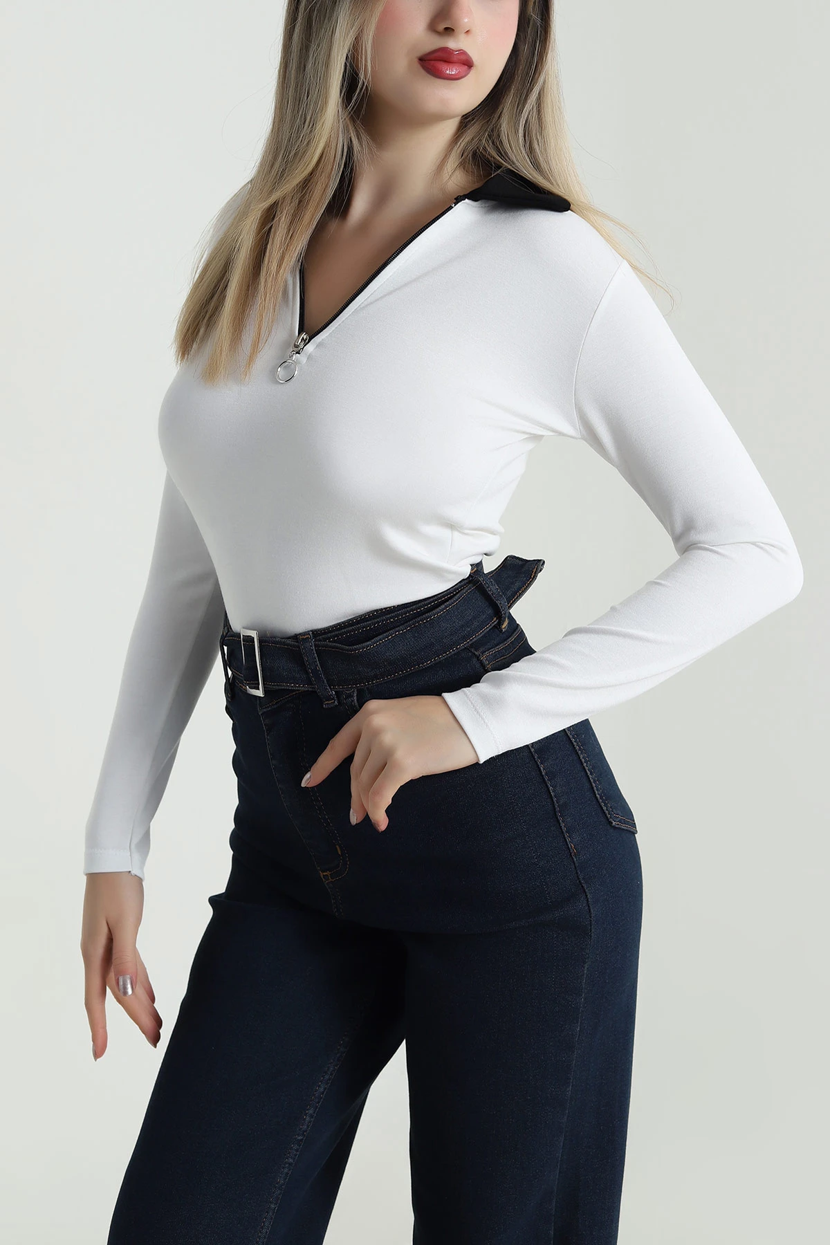 Beyaz Fermuarlı Polo Yaka Oysho Kadın Bluz 488567