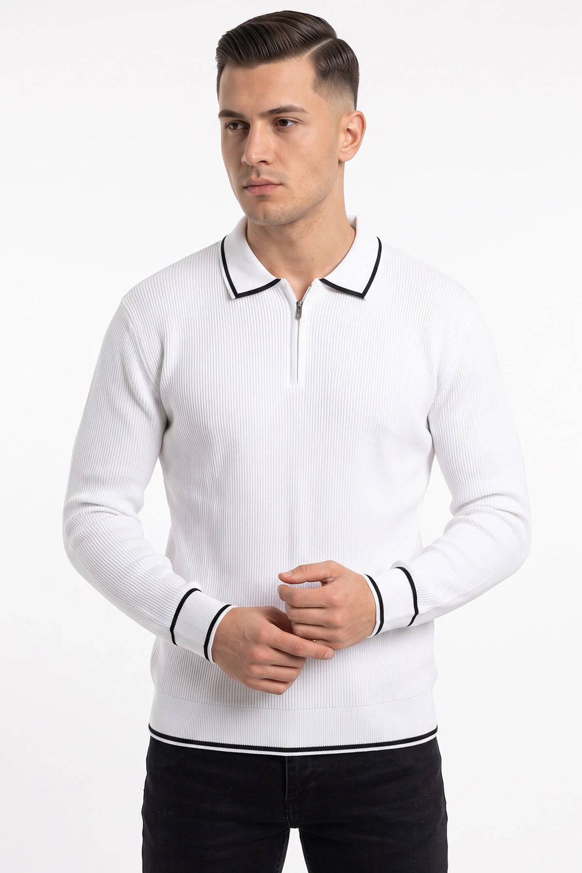 Beyaz Fermuarlı Polo Yaka Triko Erkek Kazak 482897