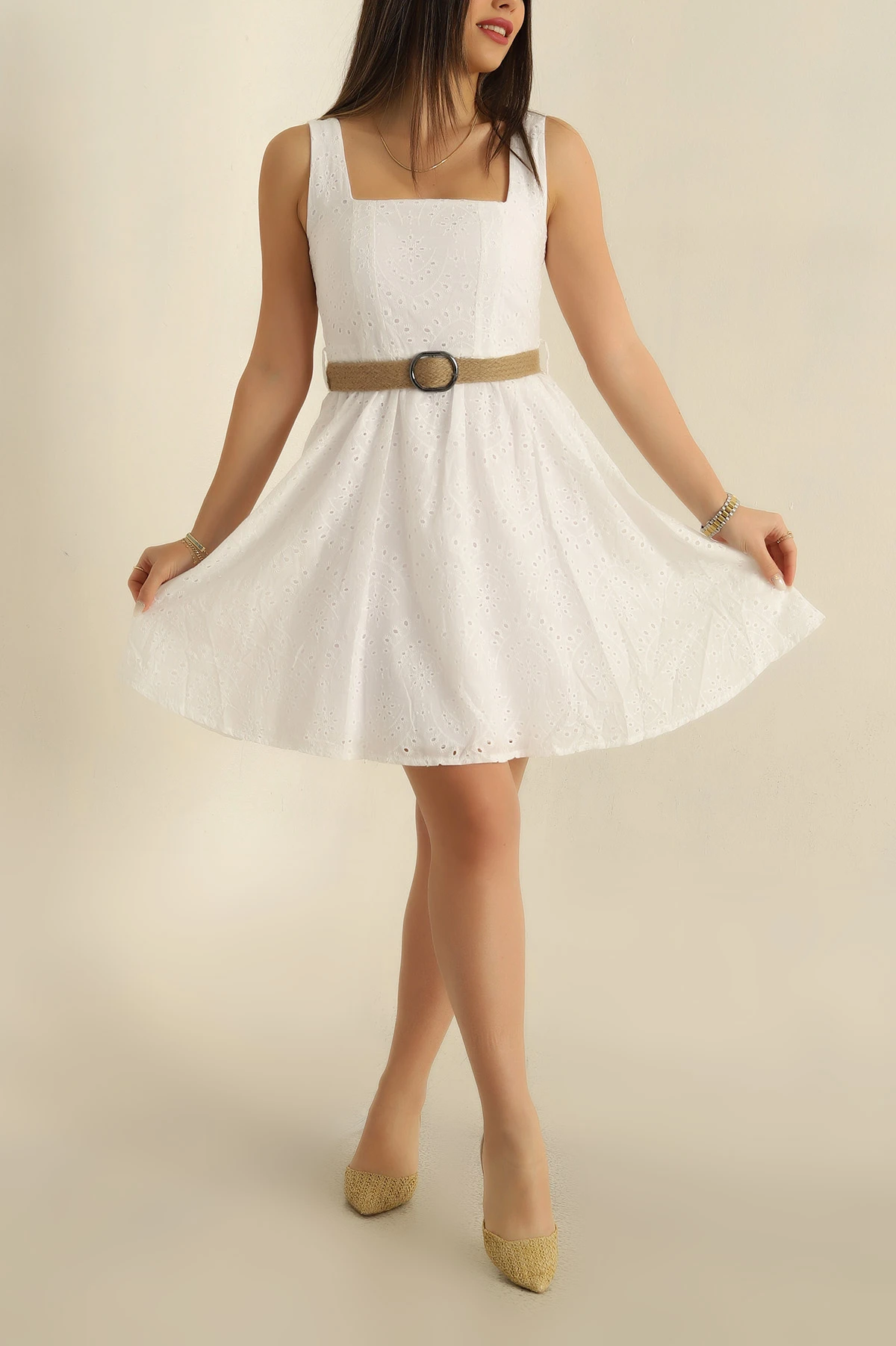 Beyaz Fisto Nakışlı Brode Elbise 268306