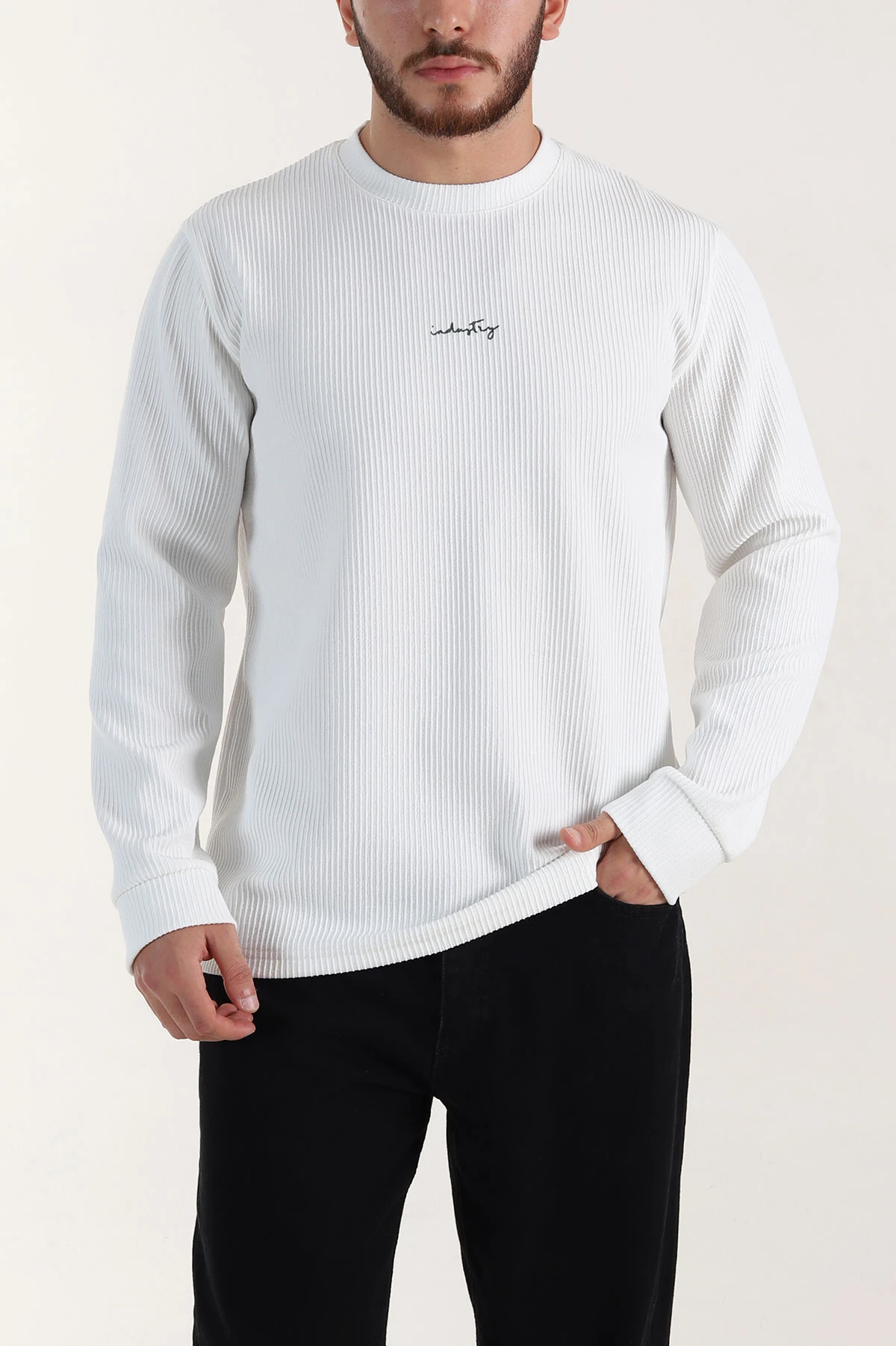 Beyaz Fitilli Bisiklet Yaka Yazı Detaylı Erkek Sweatshirt 396229