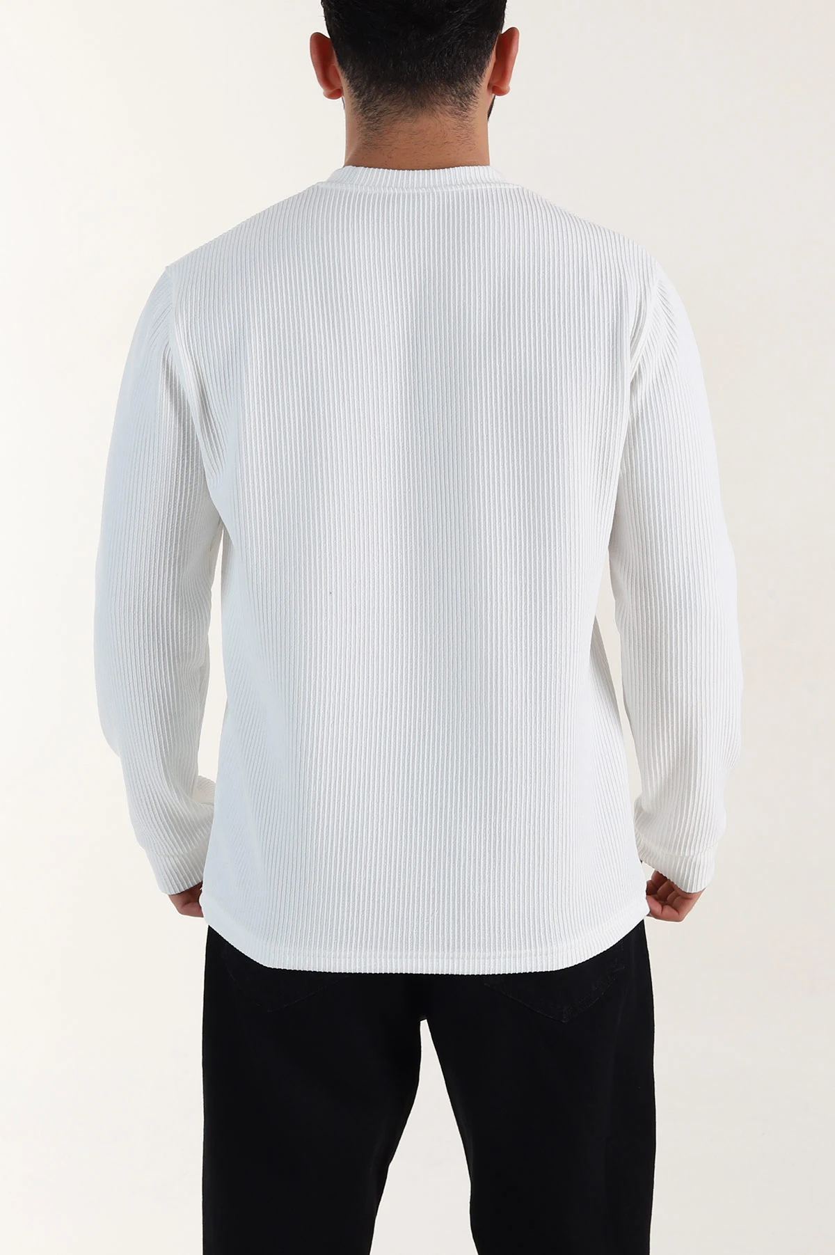 Beyaz Fitilli Bisiklet Yaka Yazı Detaylı Erkek Sweatshirt 396229