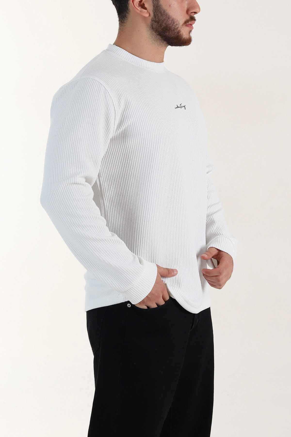 Beyaz Fitilli Bisiklet Yaka Yazı Detaylı Erkek Sweatshirt 396229