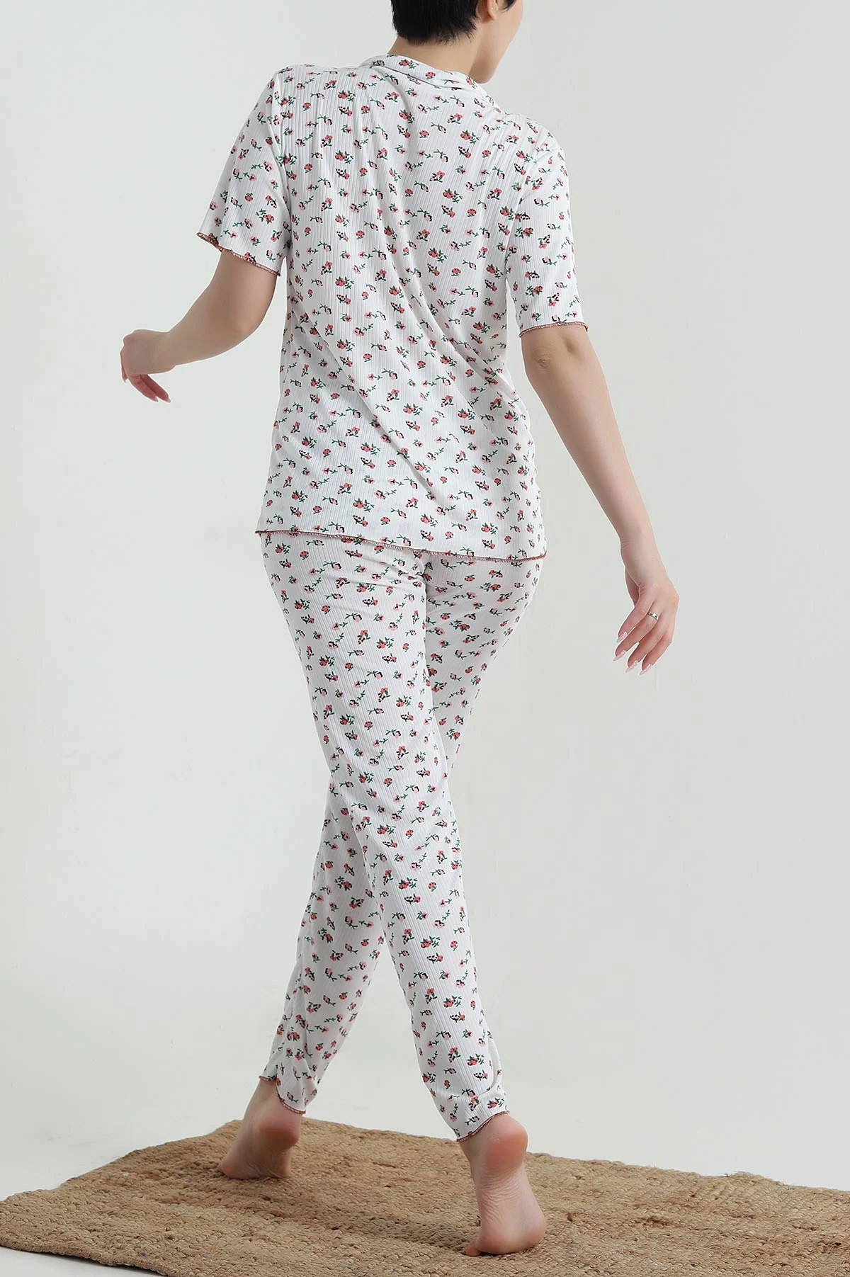 Beyaz Fitilli Düğmeli Kadın Pijama Takımı 458844