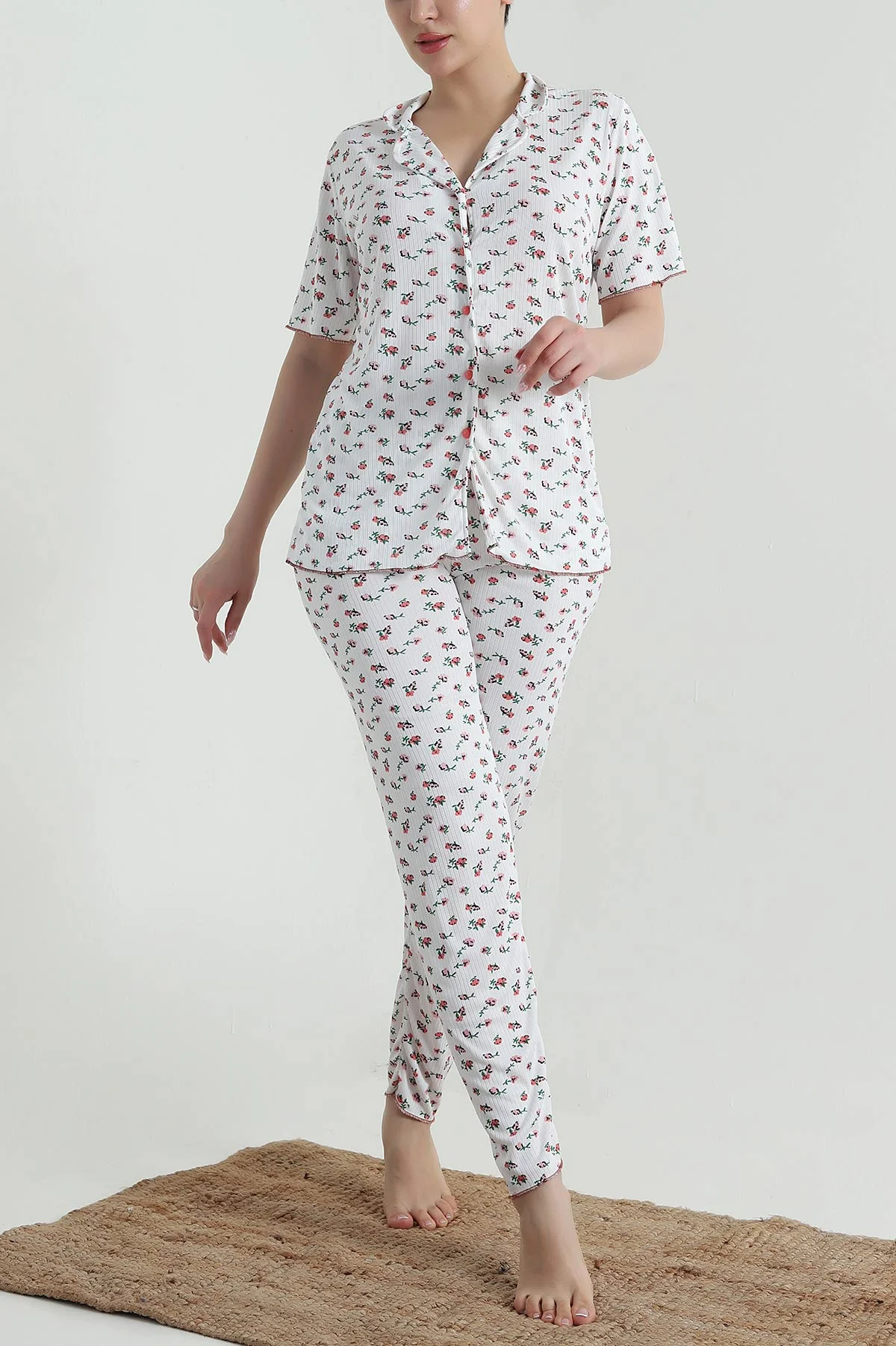 Beyaz Fitilli Düğmeli Kadın Pijama Takımı 458844