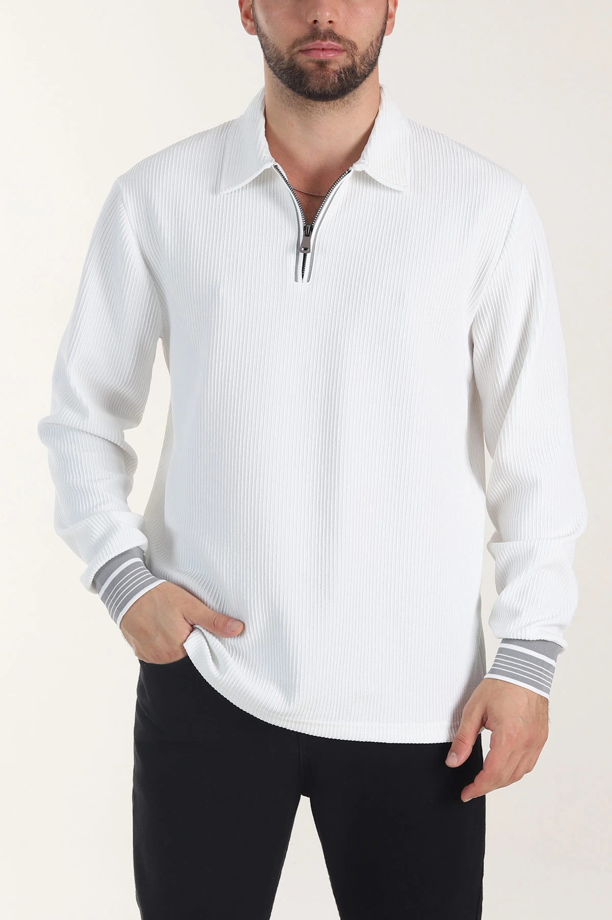 Beyaz Fitilli Yarım Fermuarlı Dik Yaka Erkek Sweatshirt 404811