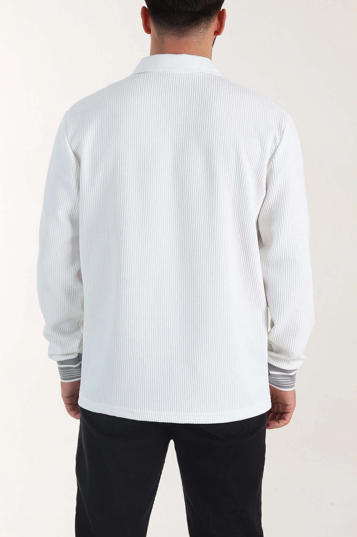 Beyaz Fitilli Yarım Fermuarlı Dik Yaka Erkek Sweatshirt 404811
