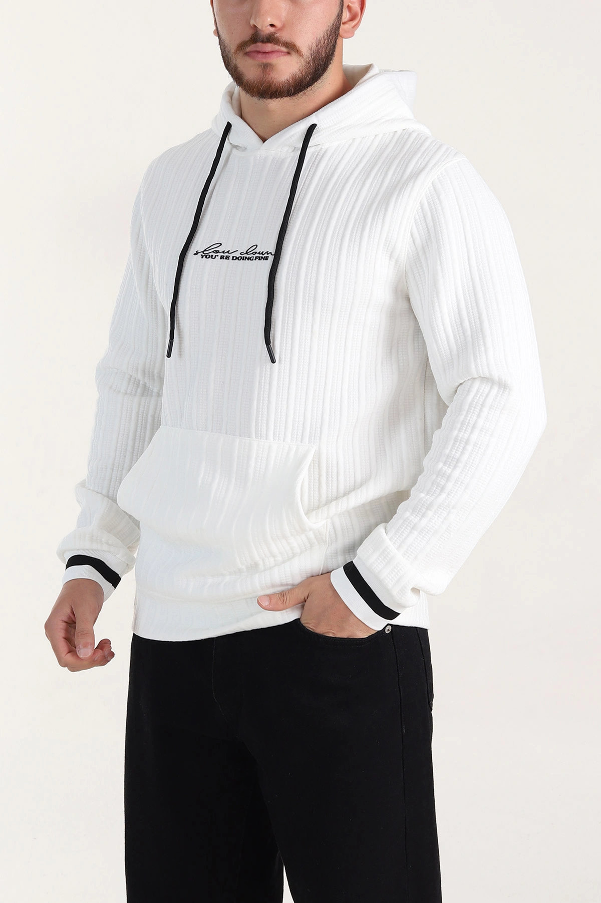 Beyaz Fitilli Yazı Detaylı Kapüşonlu Erkek Sweatshirt 396200
