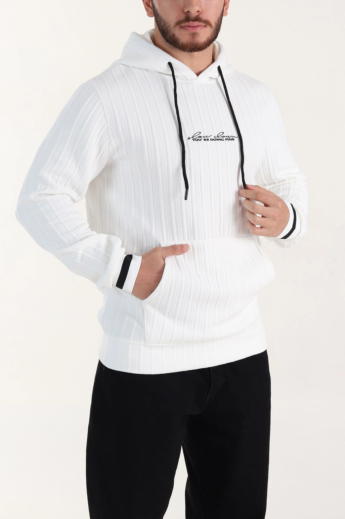 Beyaz Fitilli Yazı Detaylı Kapüşonlu Erkek Sweatshirt 396200