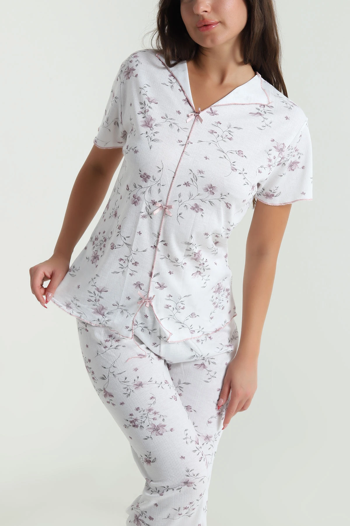 Beyaz Fiyonklu Kaşkorse Kadın Pijama Takımı 476190