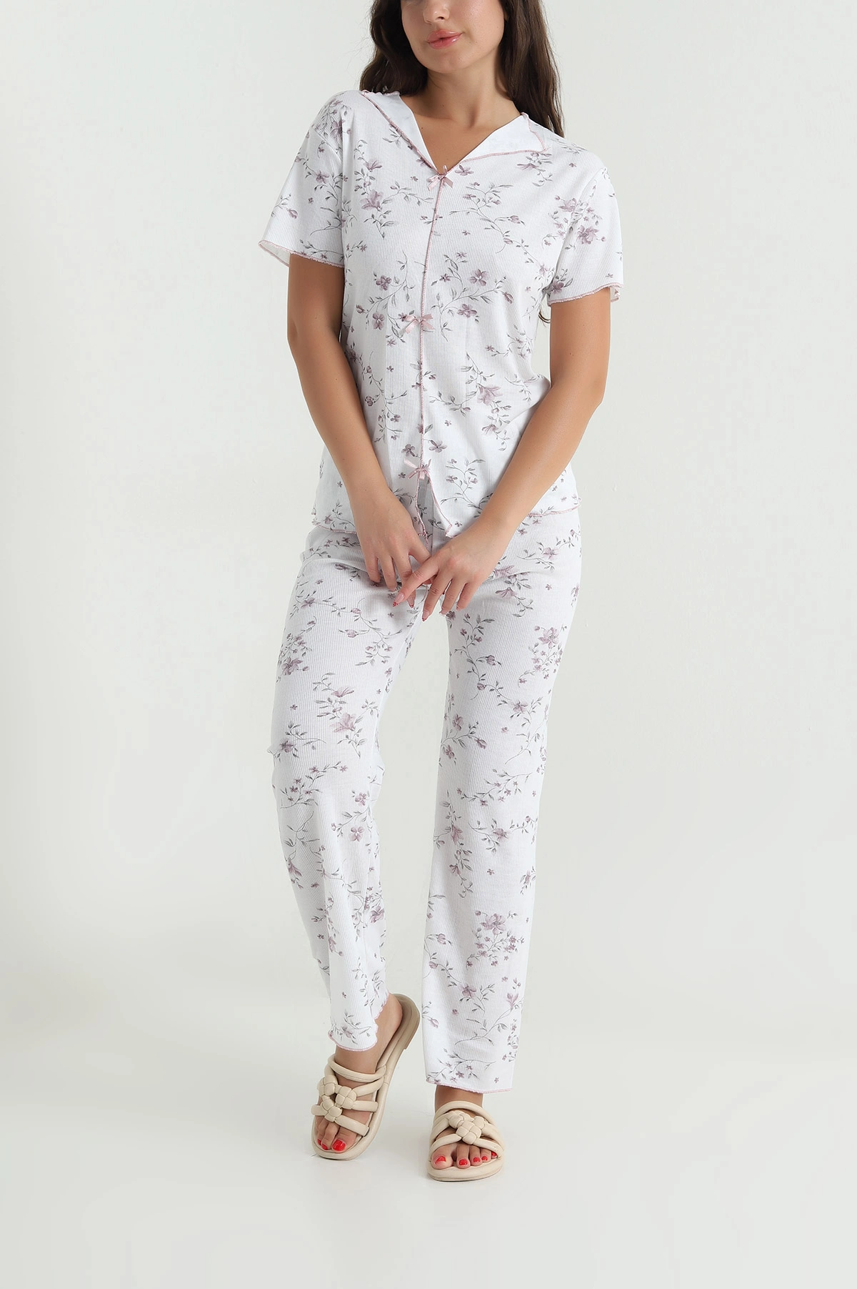 Beyaz Fiyonklu Kaşkorse Kadın Pijama Takımı 476190