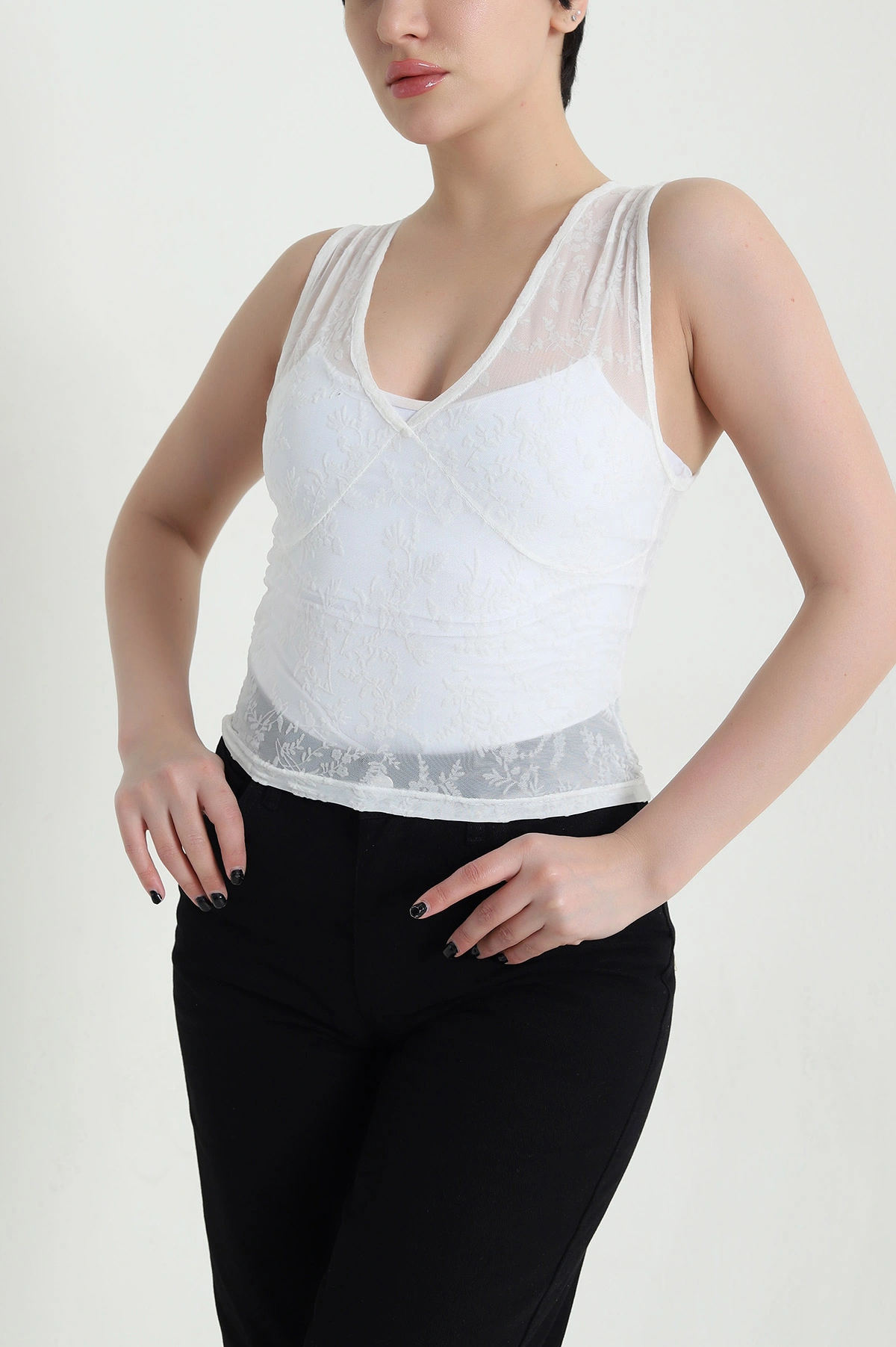 Beyaz Flok Baskılı Tül Kadın Bluz 455391