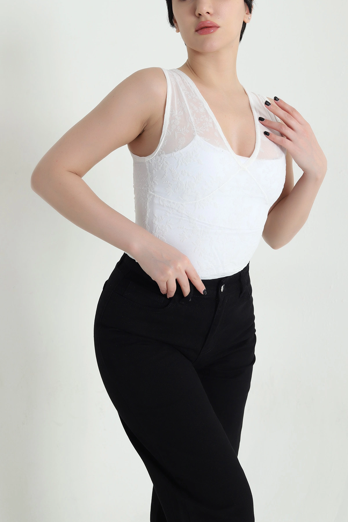 Beyaz Flok Baskılı Tül Kadın Bluz 455391