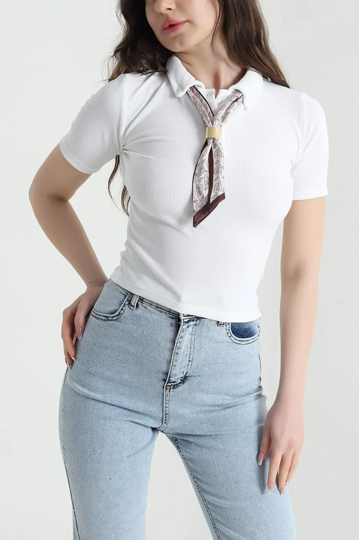 Beyaz Fularlı Ottoman Kadın Bluz 453675