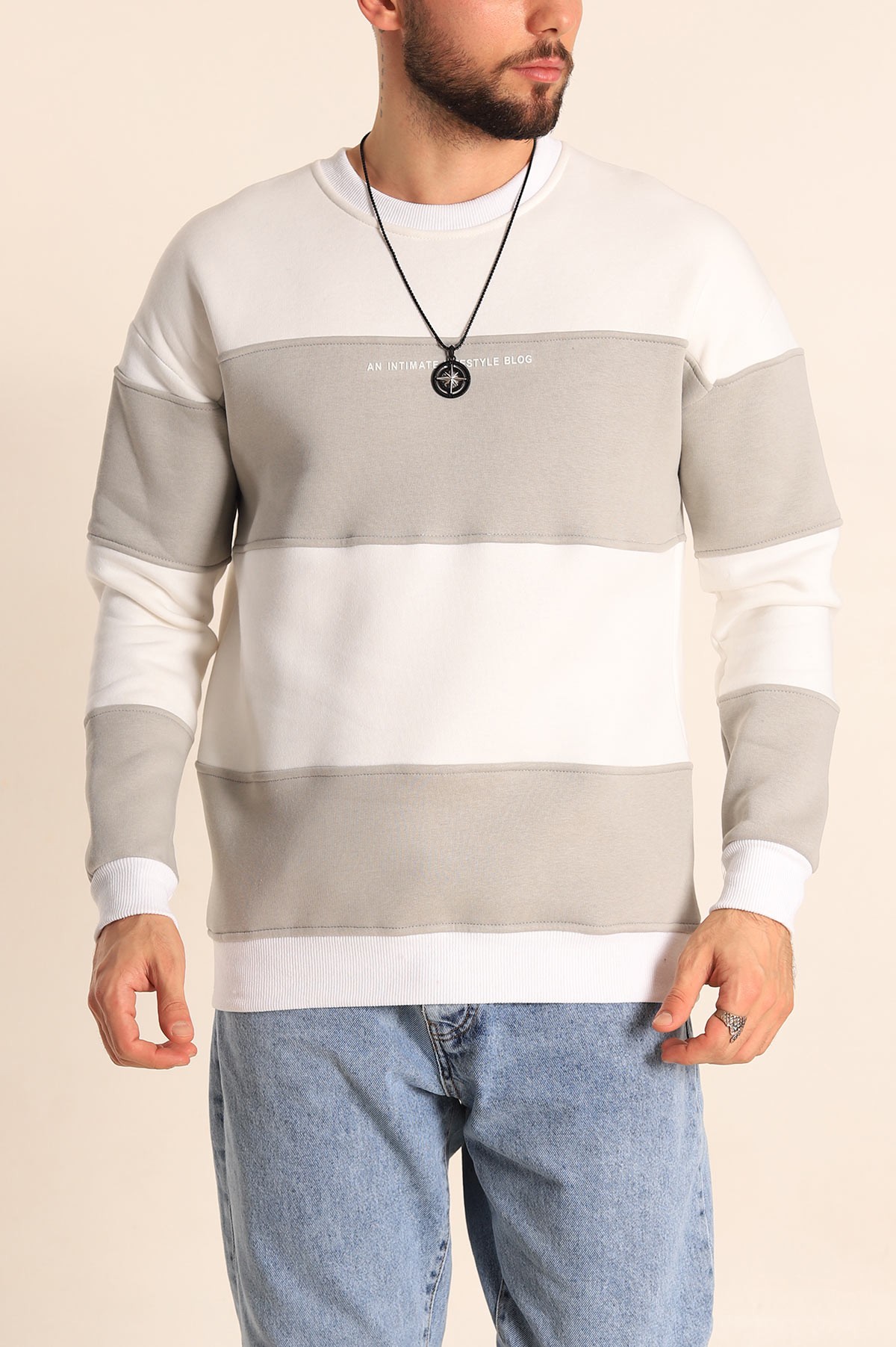 Beyaz Füme Oversize Üç İp Şardonlu Kabartma Yazılı Erkek Sweatshirt 225871