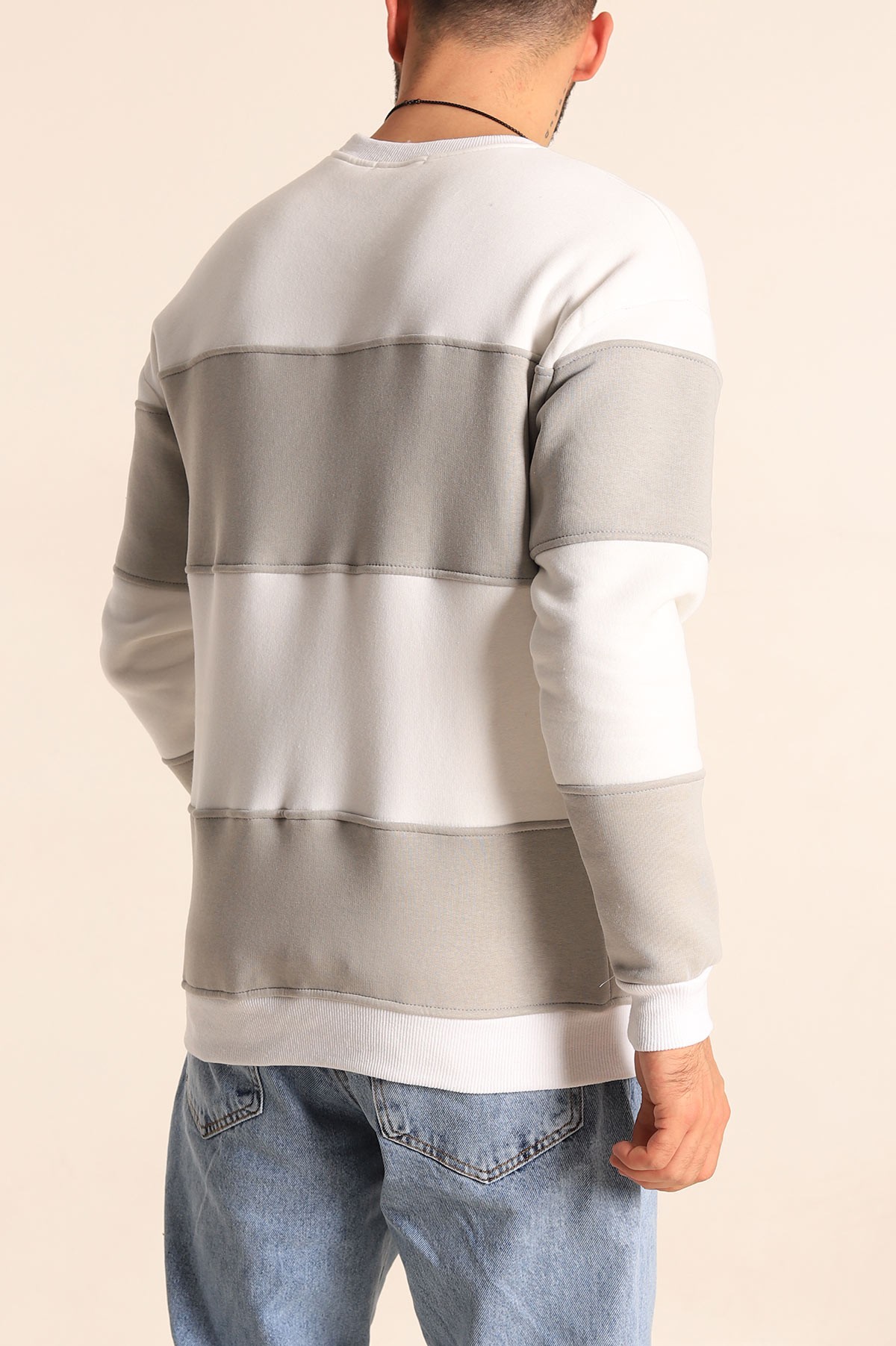 Beyaz Füme Oversize Üç İp Şardonlu Kabartma Yazılı Erkek Sweatshirt 225871