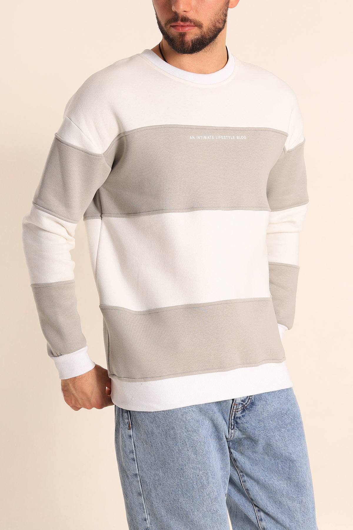 Beyaz Füme Oversize Üç İp Şardonlu Kabartma Yazılı Erkek Sweatshirt 225871