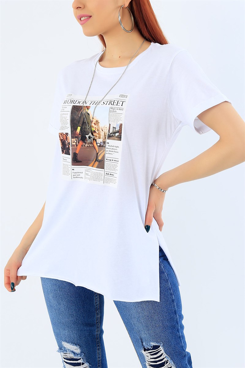 Beyaz Gazete Baskılı Bayan Tişört 31364