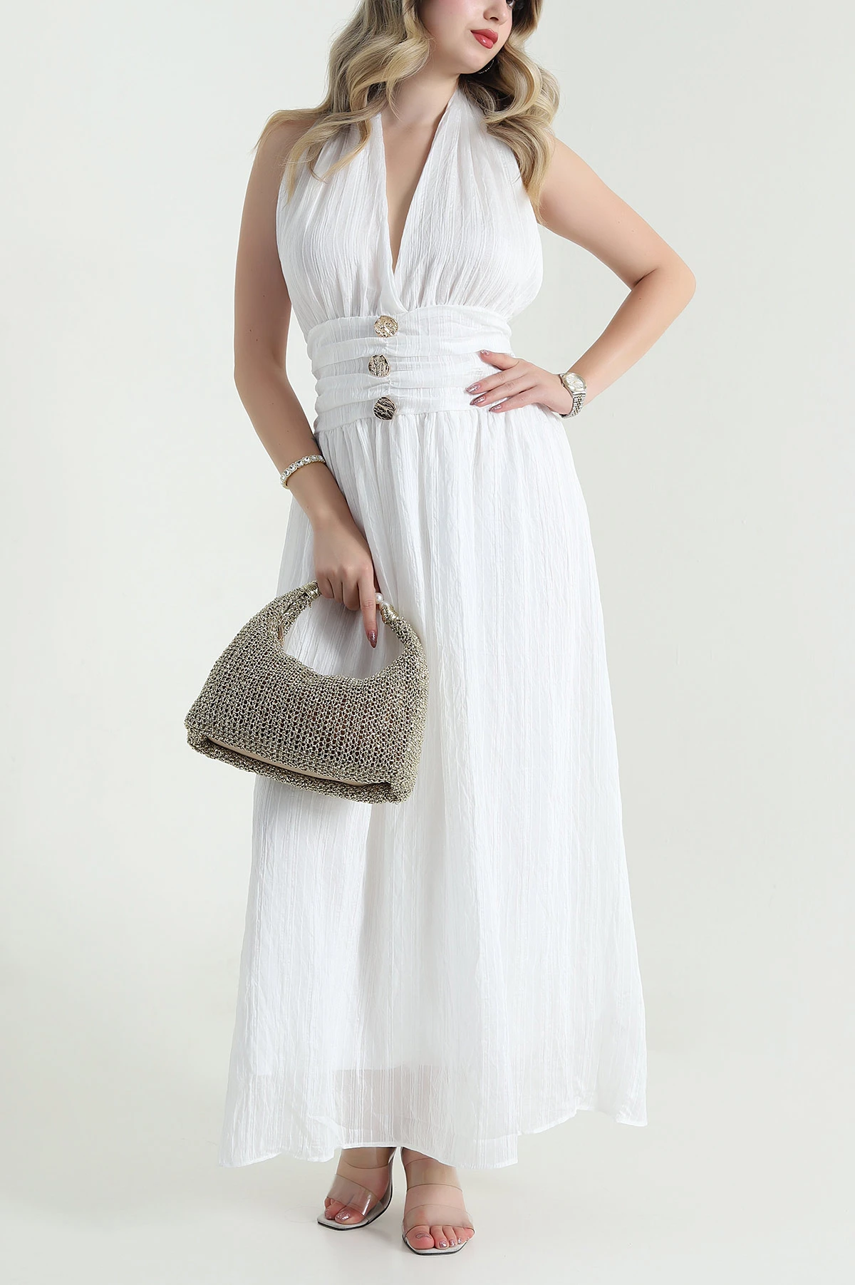 Beyaz Gipeli Tencel Kadın Elbise 478566
