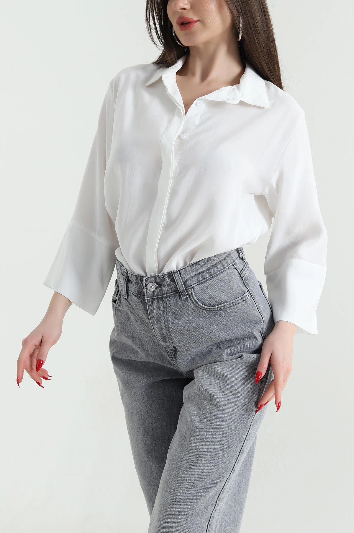 Beyaz Gizli Pat Oversize Modal Kadın Gömlek 440205
