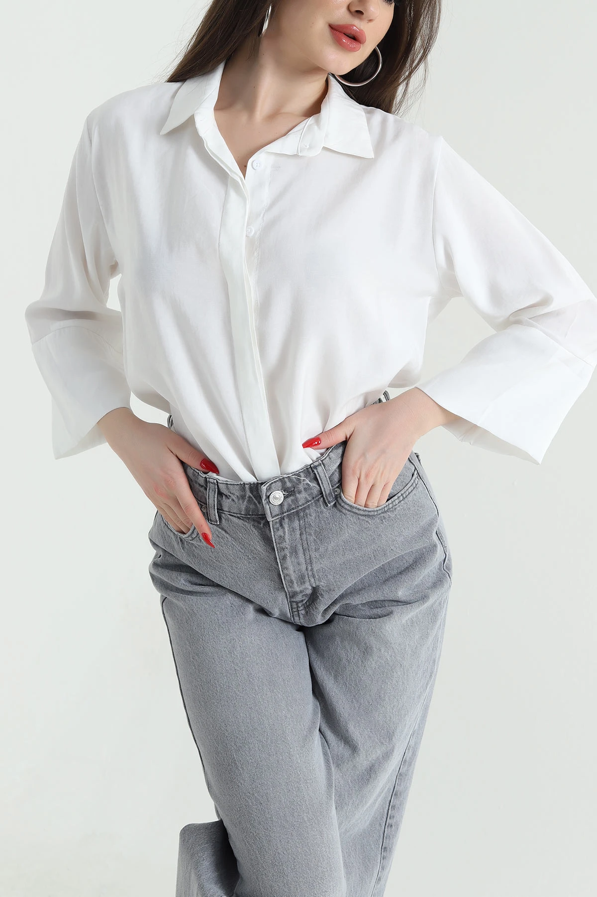 Beyaz Gizli Pat Oversize Modal Kadın Gömlek 440205