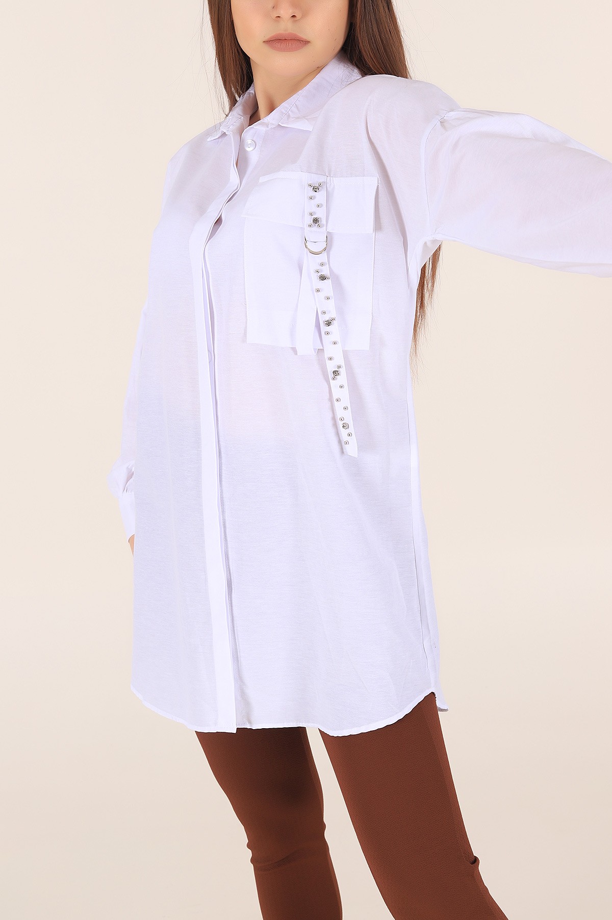 Beyaz Gizli Pat Taş Detay Terikoton Gömlek Tunik 167780