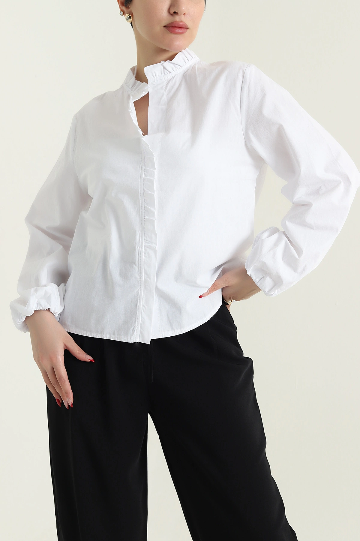 Beyaz Gizli Patlı Poplin Kadın Gömlek Bluz 435739