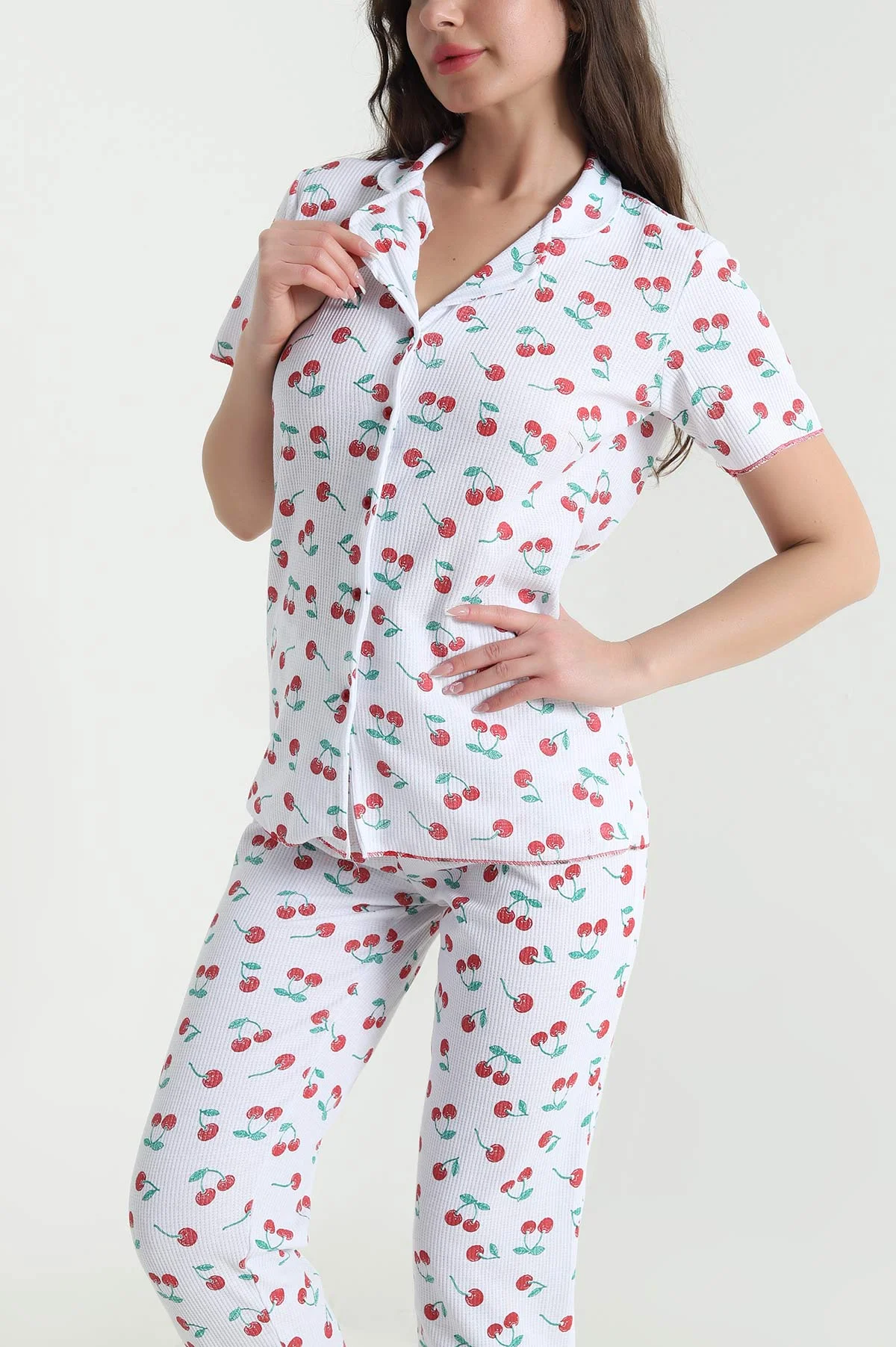 Beyaz Gofre Kadın Pijama Takımı 457065