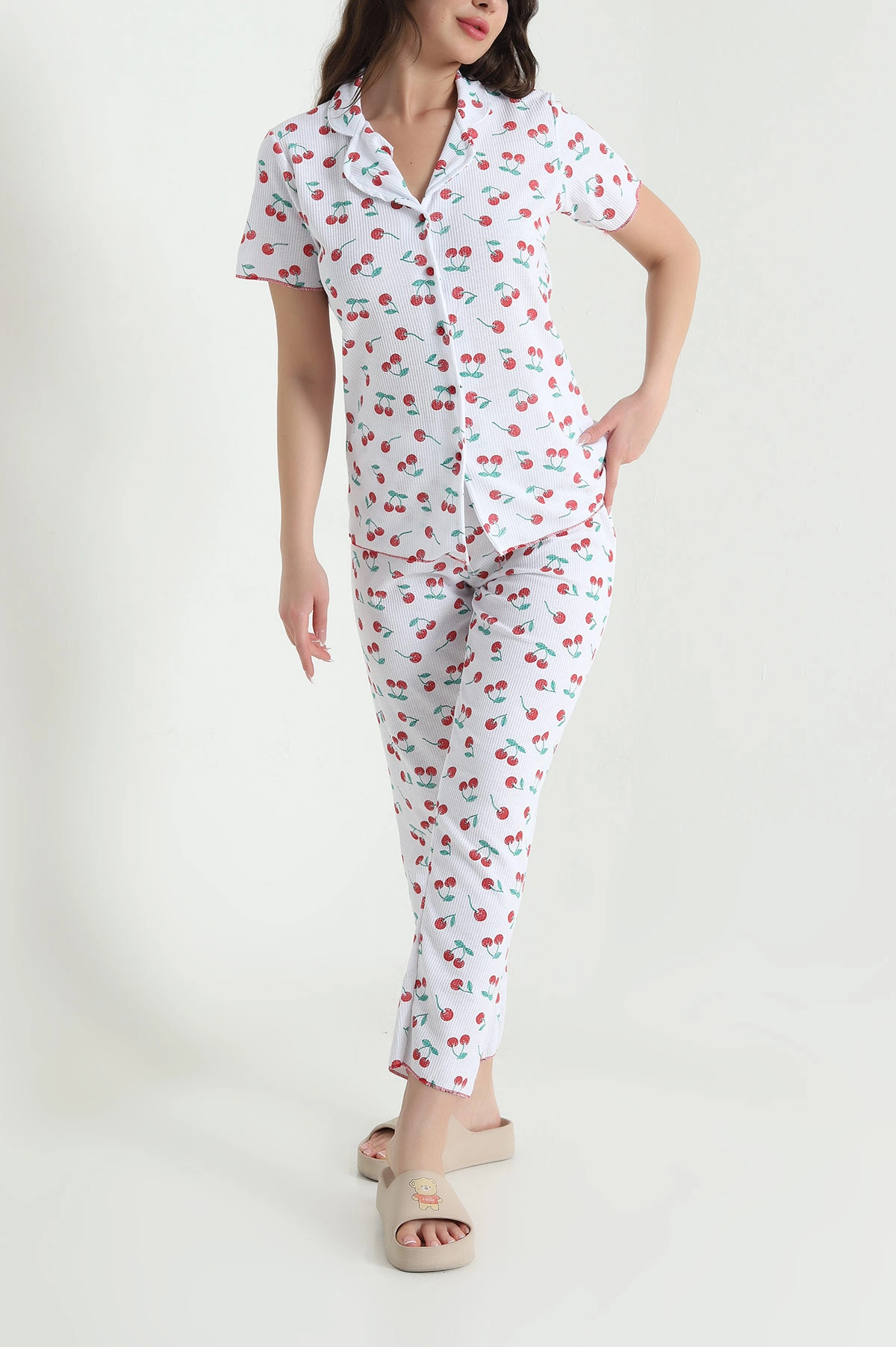 Beyaz Gofre Kadın Pijama Takımı 457065