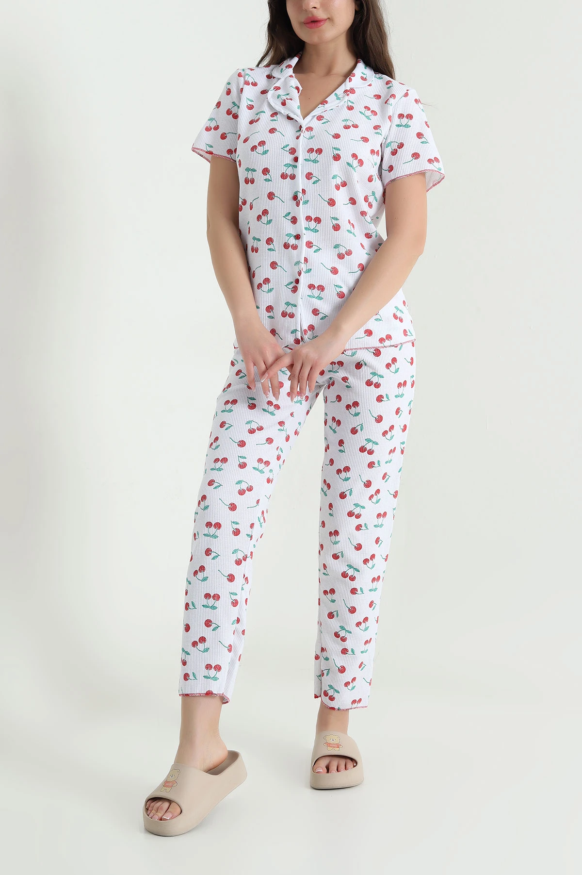 Beyaz Gofre Kadın Pijama Takımı 457065
