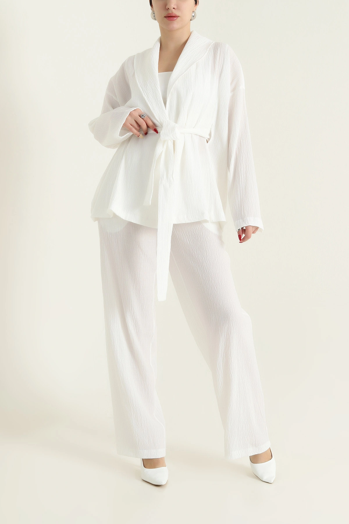 Beyaz Gofre Kimono Pantolon Kadın İkili Takım 429934
