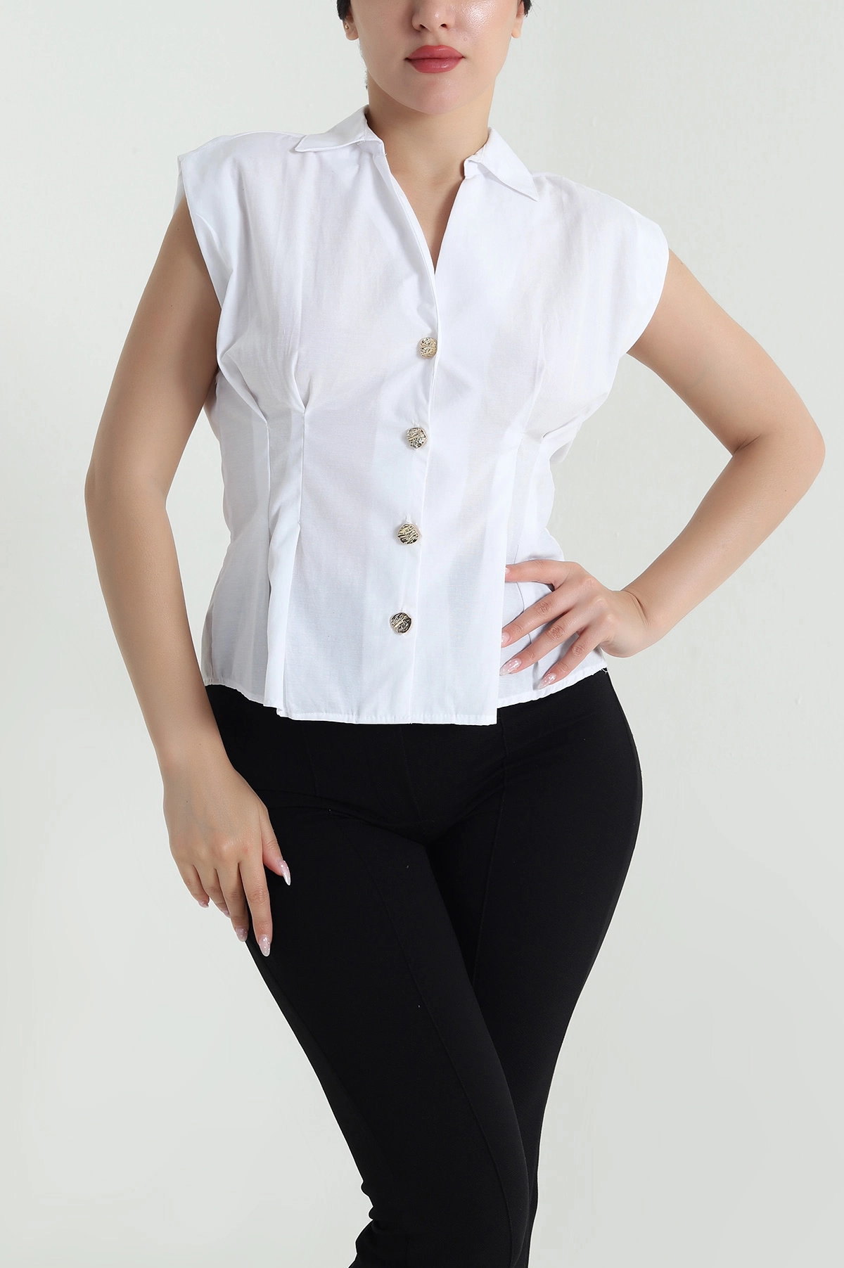 Beyaz Gold Düğmeli Poplin Kadın Yelek 465406