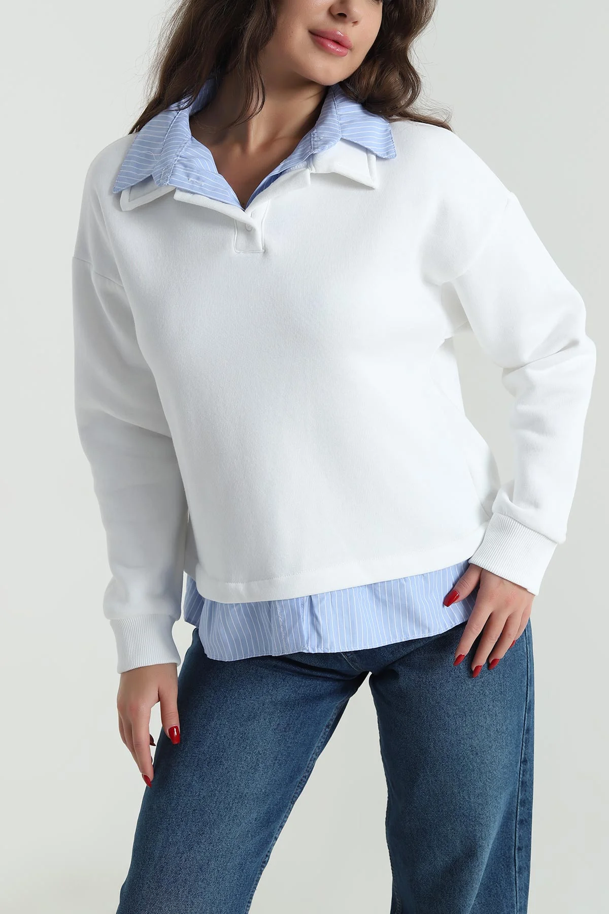 Beyaz Gömlek Yaka Garnili Kadın Şardonlu Sweat 492802