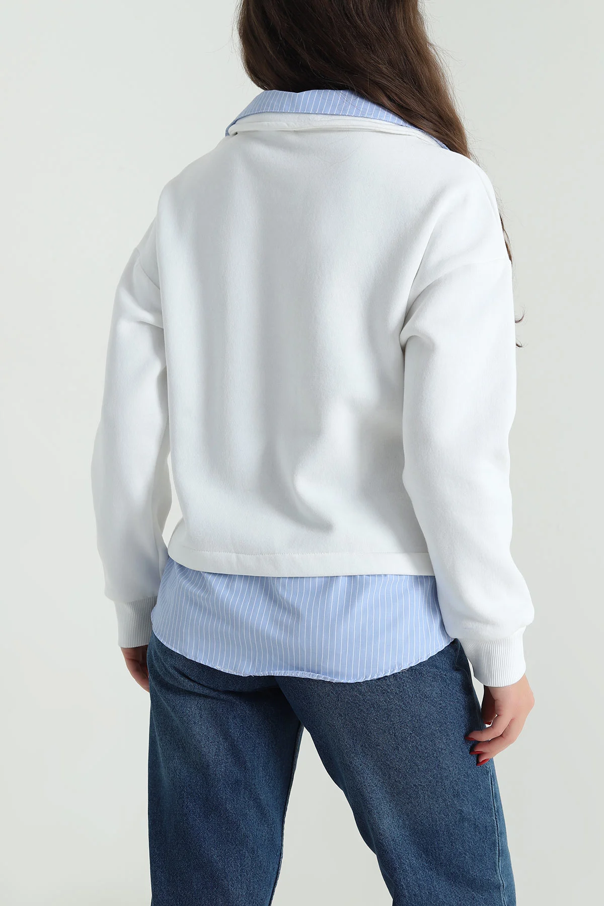 Beyaz Gömlek Yaka Garnili Kadın Şardonlu Sweat 492802