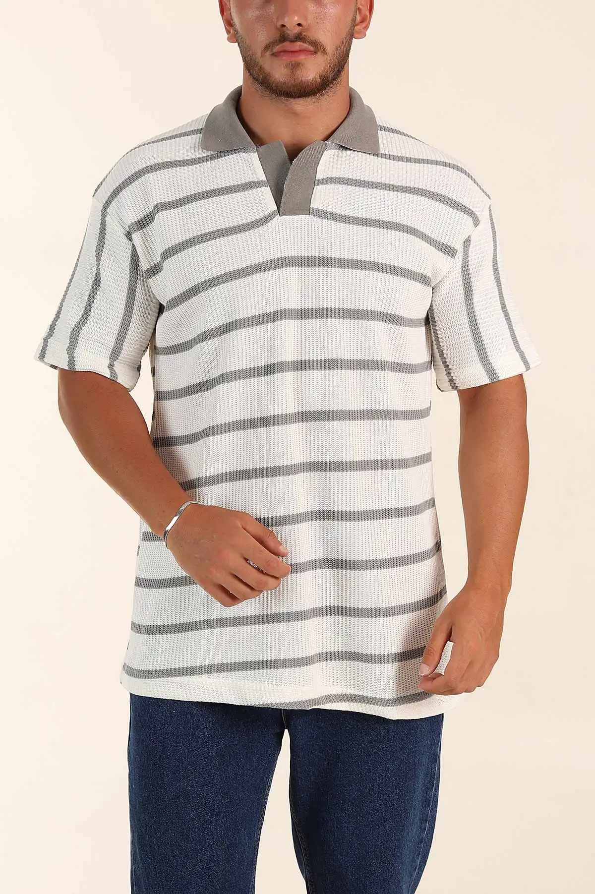 Beyaz Gri Çizgili Oversize Polo Yaka Erkek Triko Tişört 269206