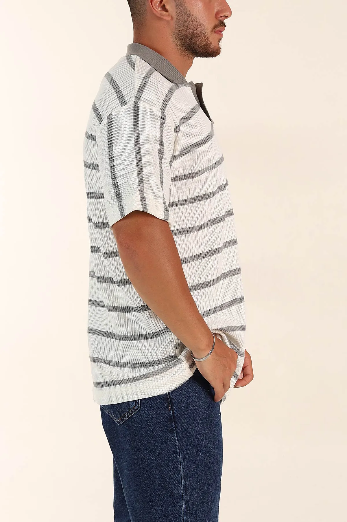Beyaz Gri Çizgili Oversize Polo Yaka Erkek Triko Tişört 269206
