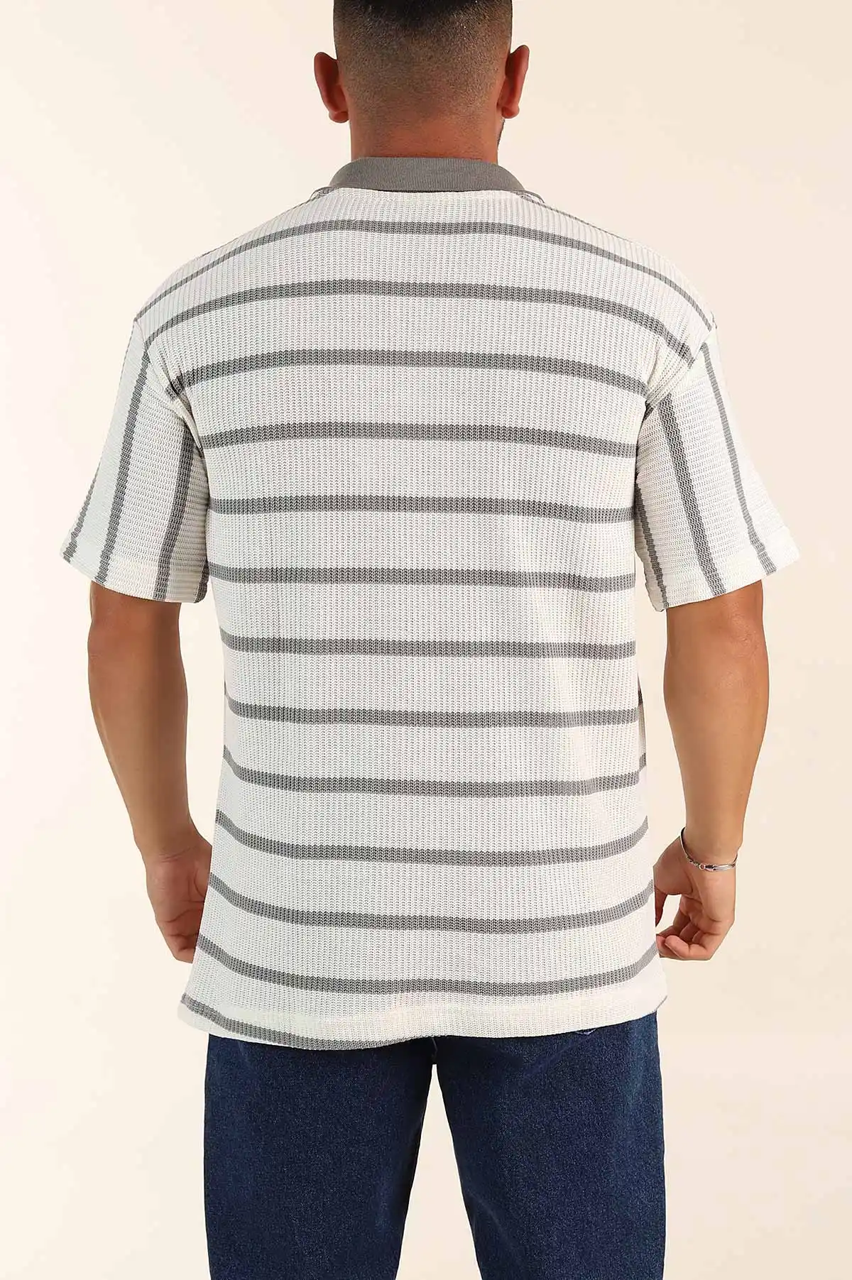 Beyaz Gri Çizgili Oversize Polo Yaka Erkek Triko Tişört 269206
