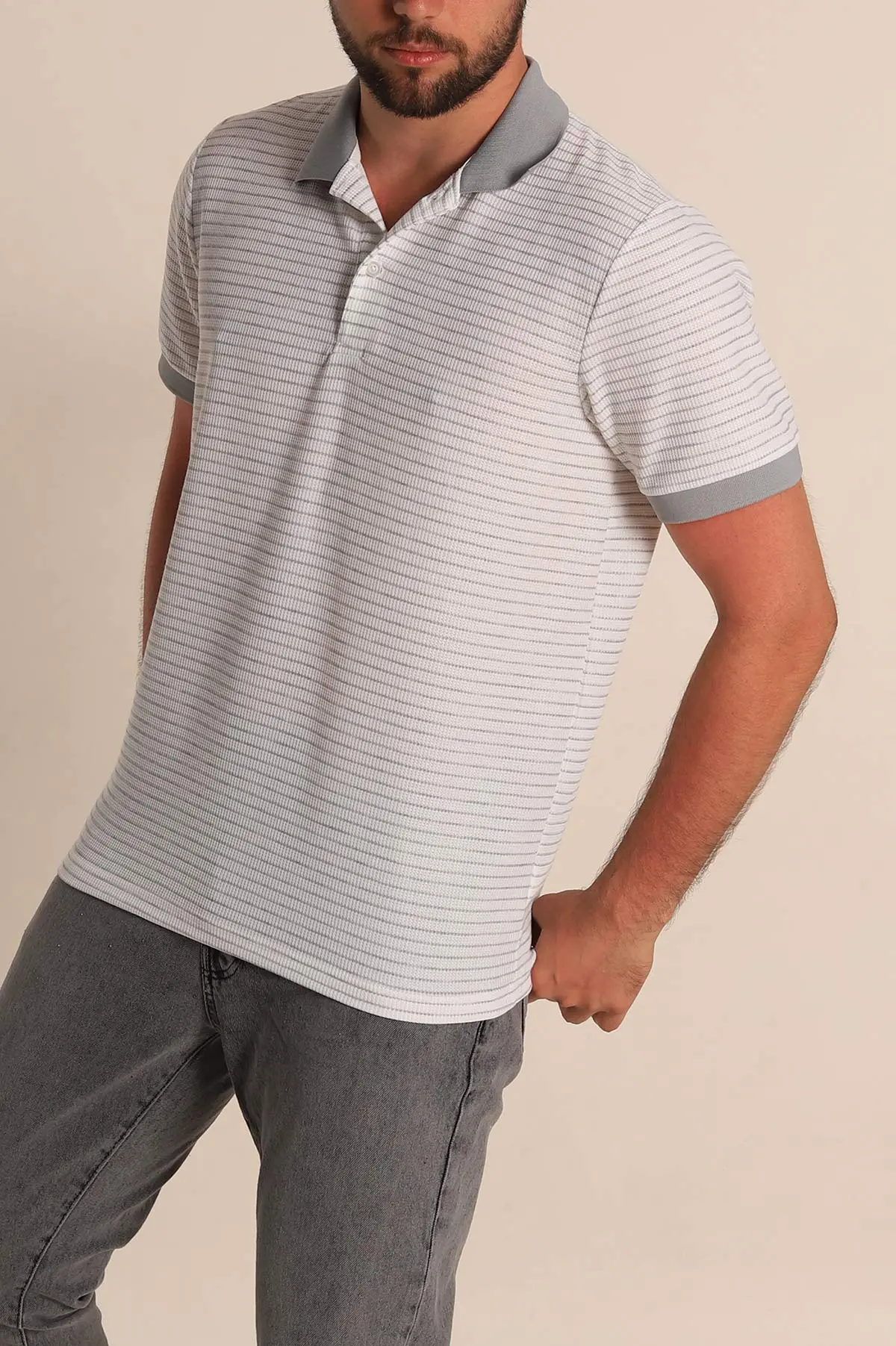 Beyaz Gri Çizgili Regular Fit Polo Yaka Erkek Tişört 277110