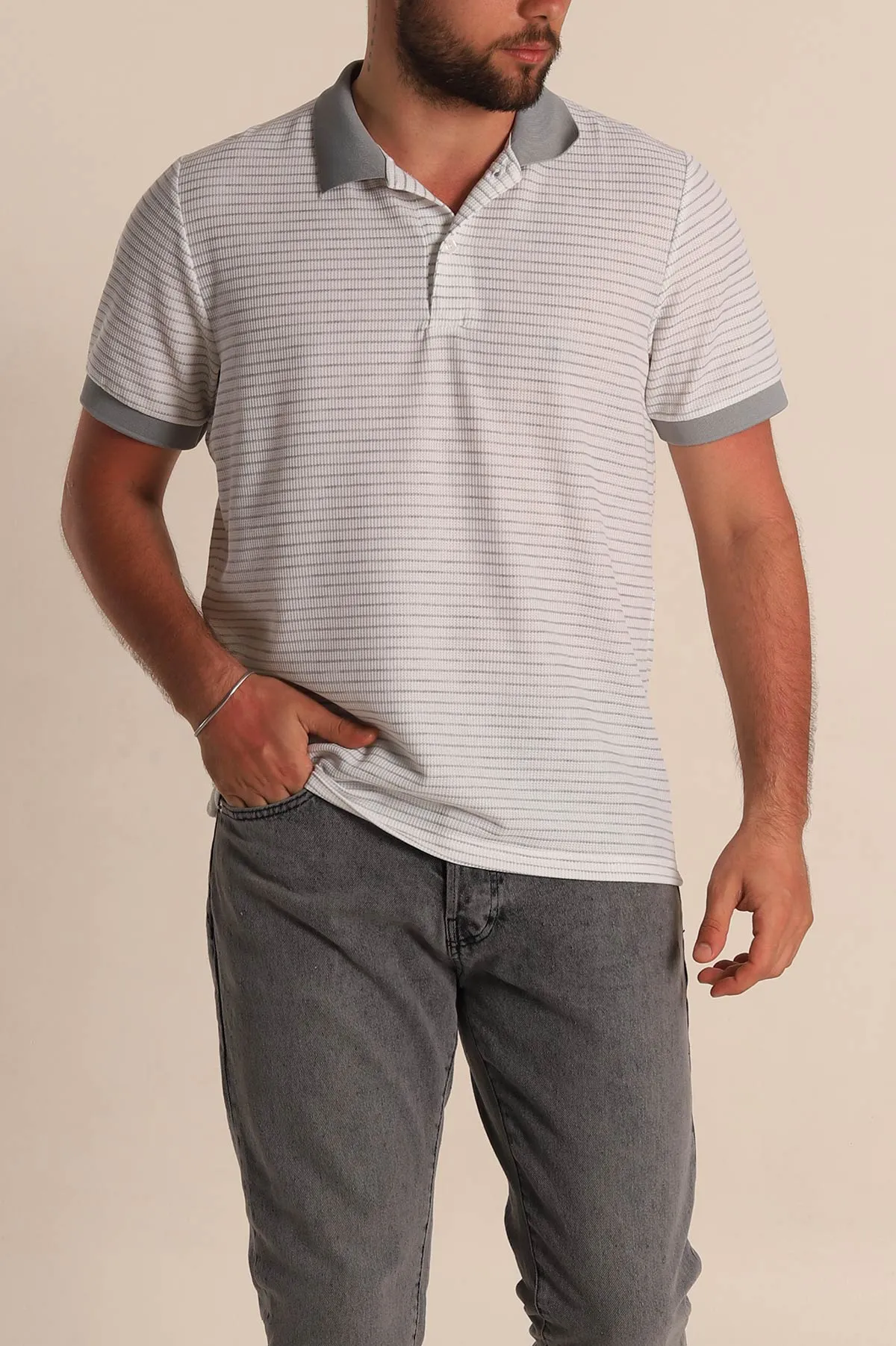 Beyaz Gri Çizgili Regular Fit Polo Yaka Erkek Tişört 277110