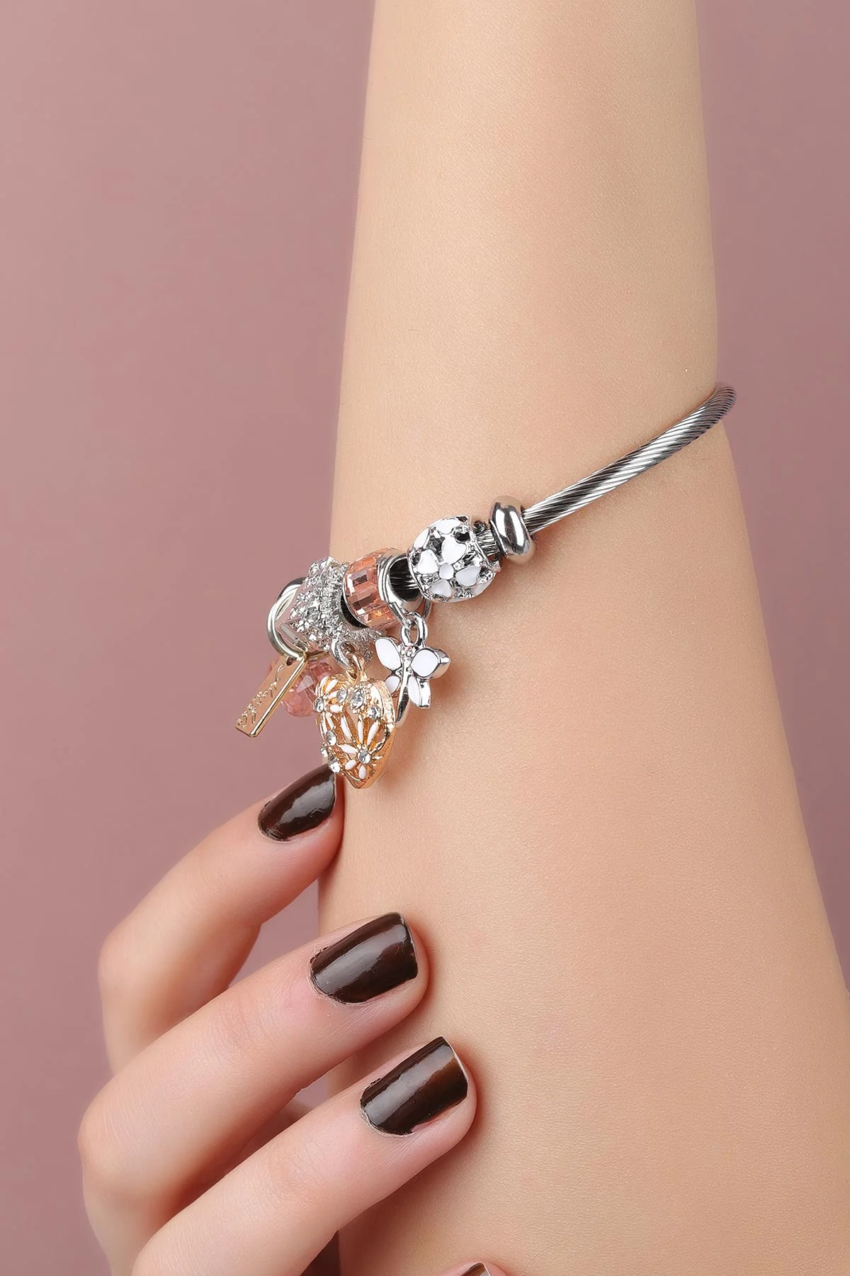 Beyaz Gümüş Kelebek Detaylı Zirkon Taşlı Çelik Pandora Bileklik 309984