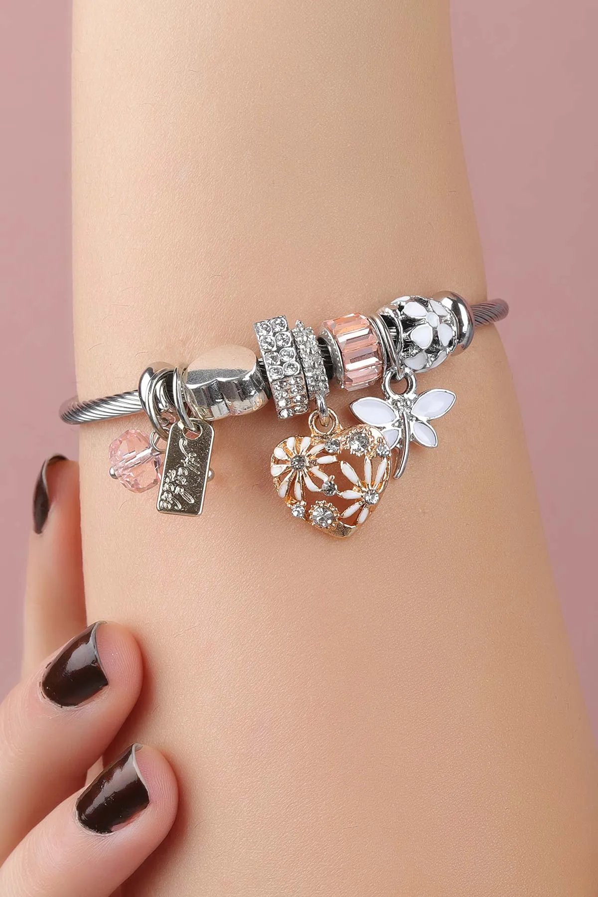 Beyaz Gümüş Kelebek Detaylı Zirkon Taşlı Çelik Pandora Bileklik 309984