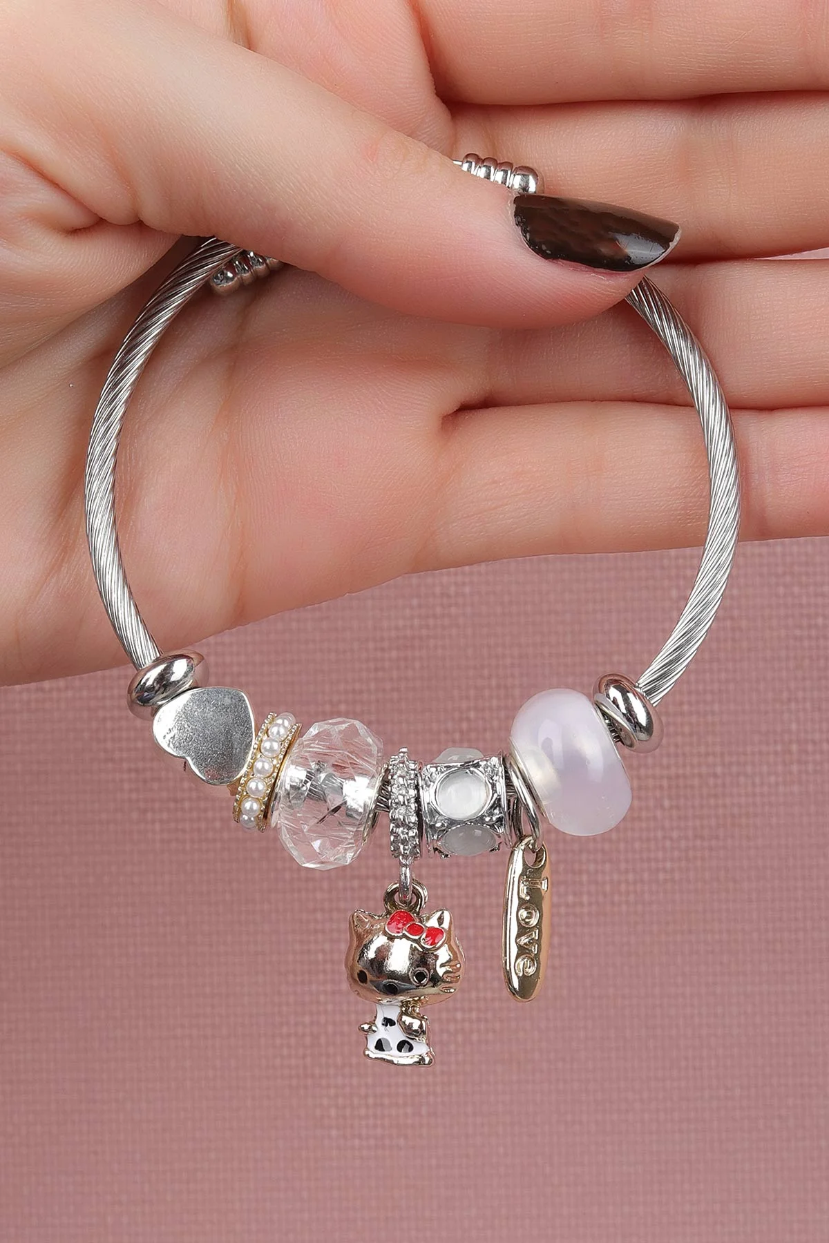 Beyaz Gümüş Taş ve İnci Detaylı Çelik Pandora Bileklik 309942