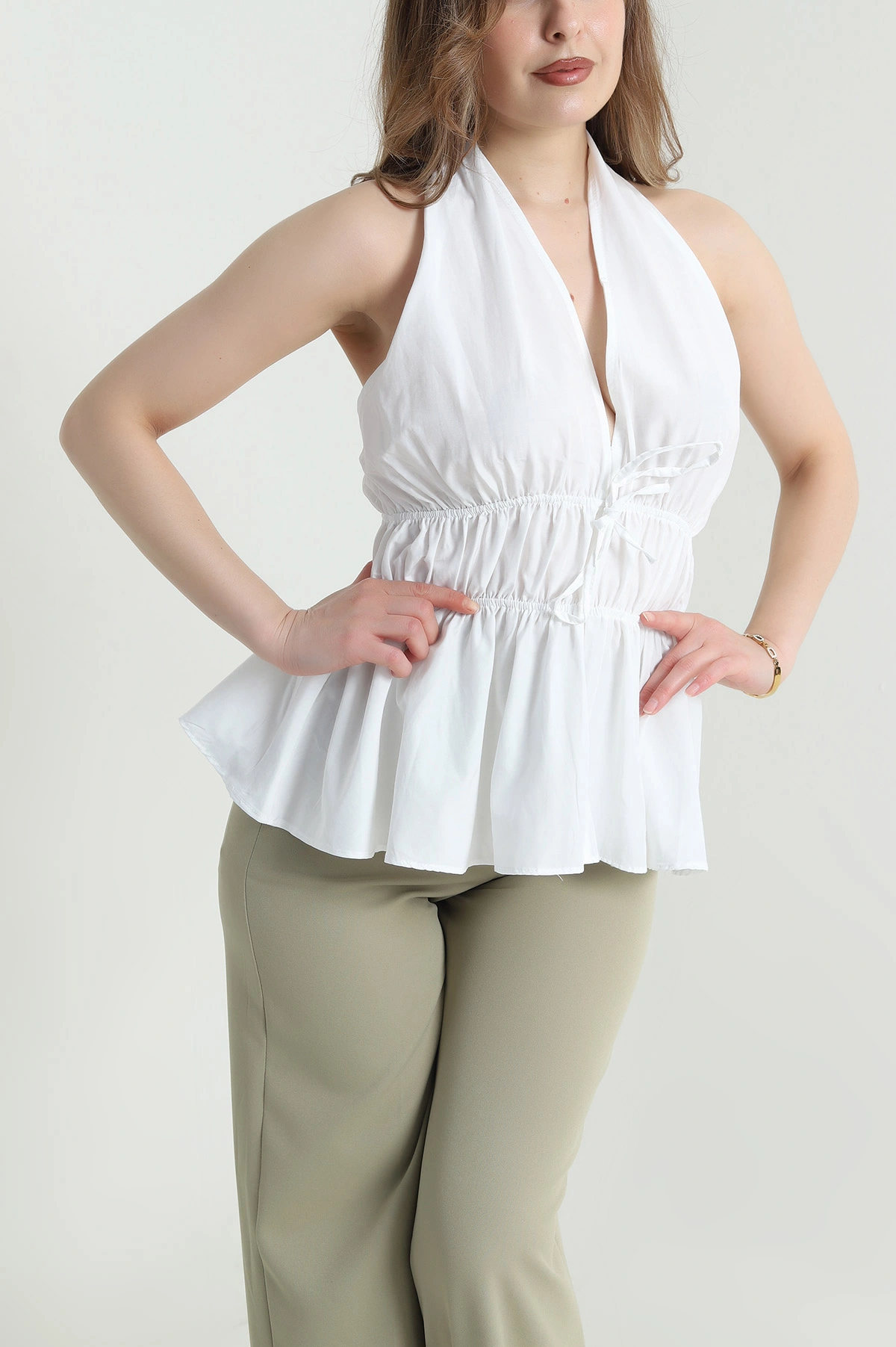 Beyaz Halter Yaka Poplin Kadın Bluz 463617