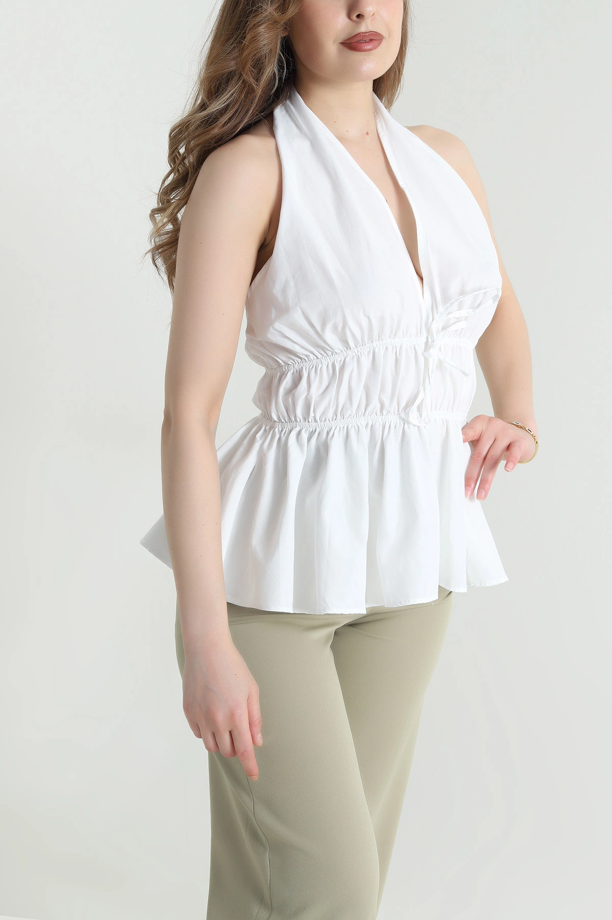Beyaz Halter Yaka Poplin Kadın Bluz 463617