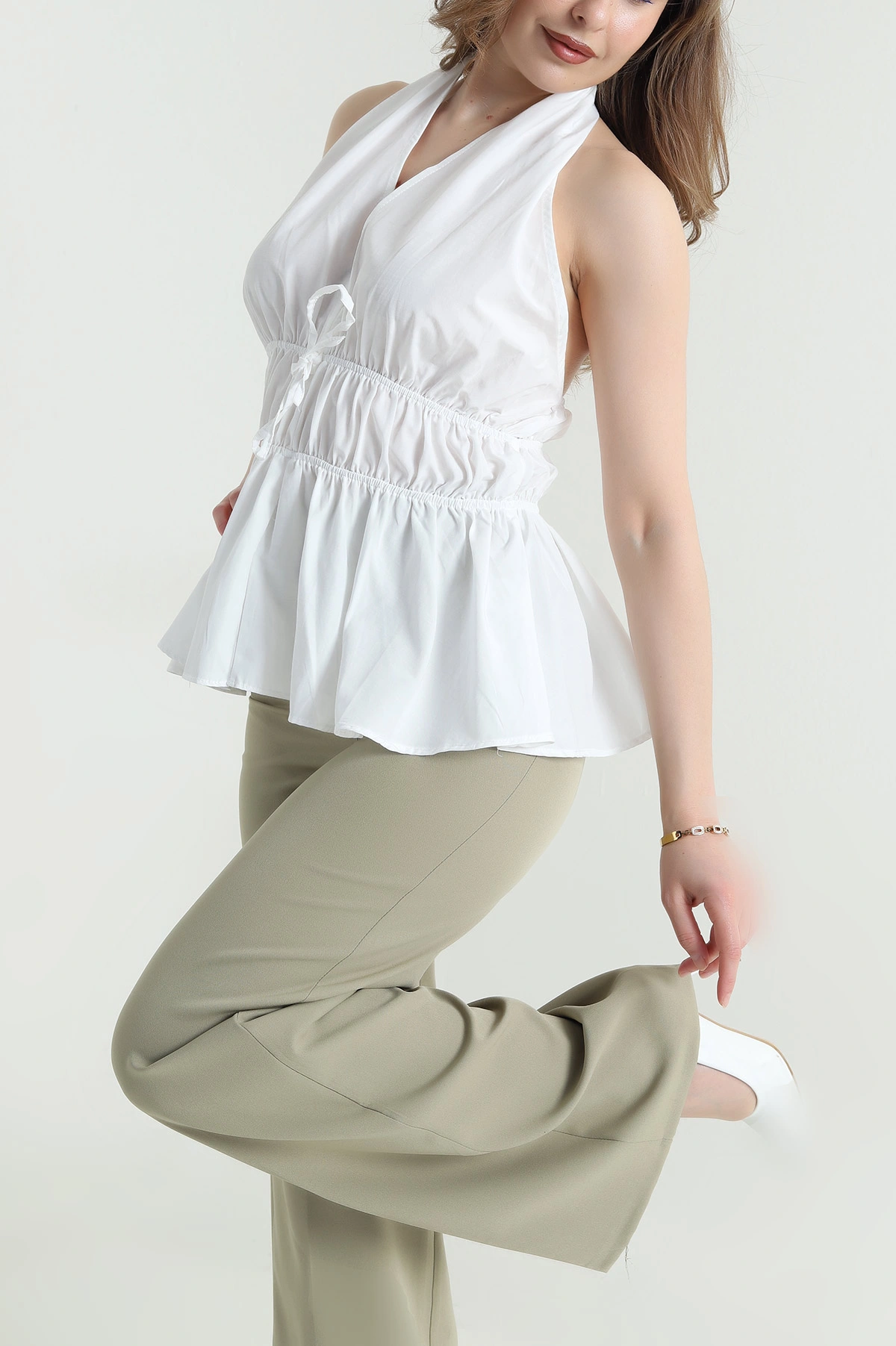 Beyaz Halter Yaka Poplin Kadın Bluz 463617